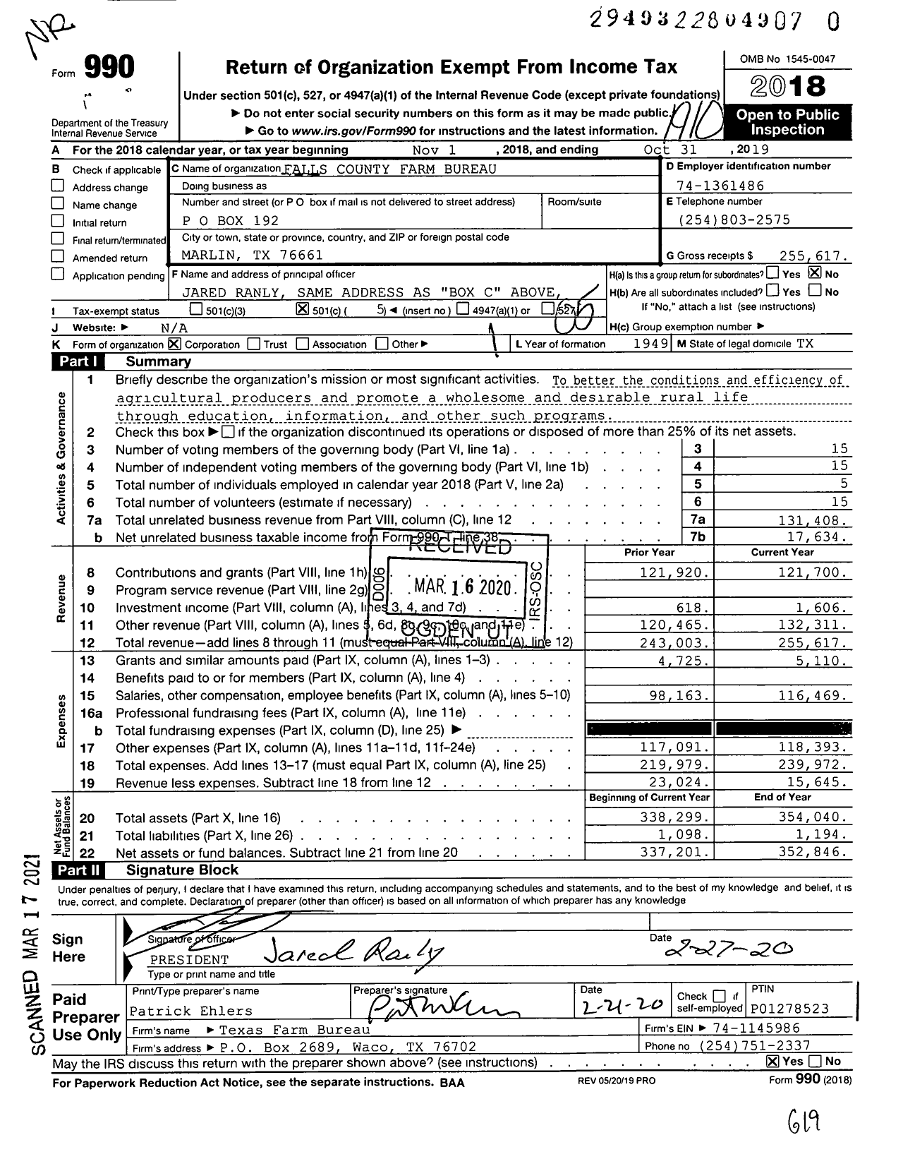 Image of first page of 2018 Form 990O for Falls County Farm Bureau