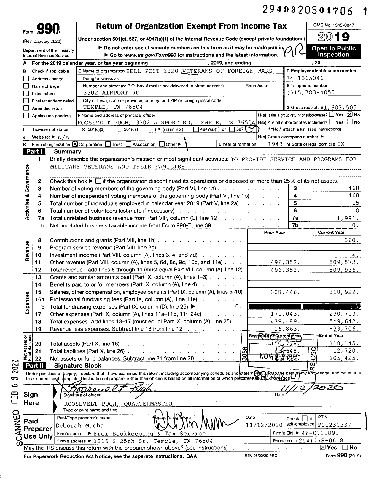 Image of first page of 2019 Form 990 for Texas VFW - 1820 Bell