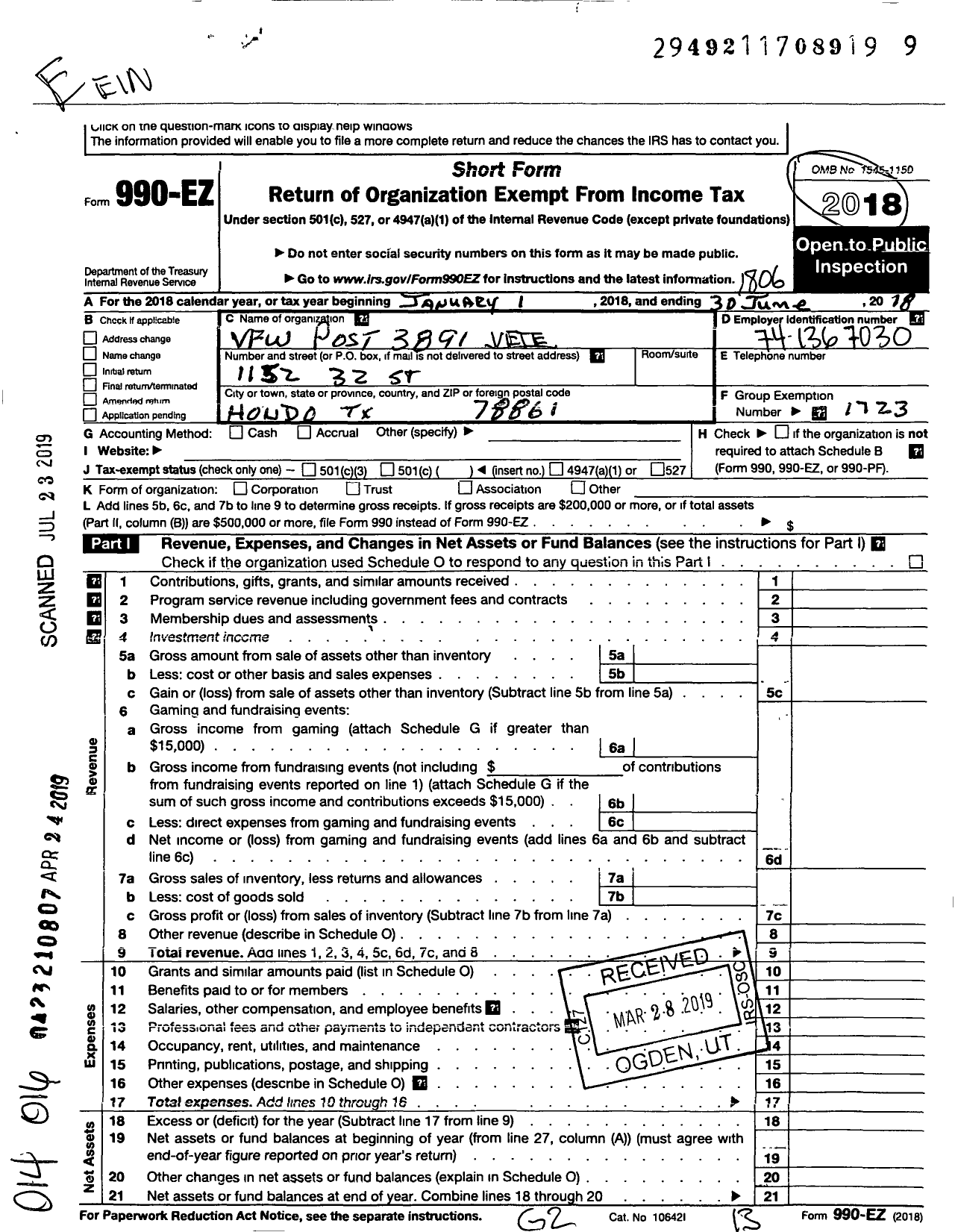 Image of first page of 2017 Form 990EO for Texas VFW - 3891 Medina