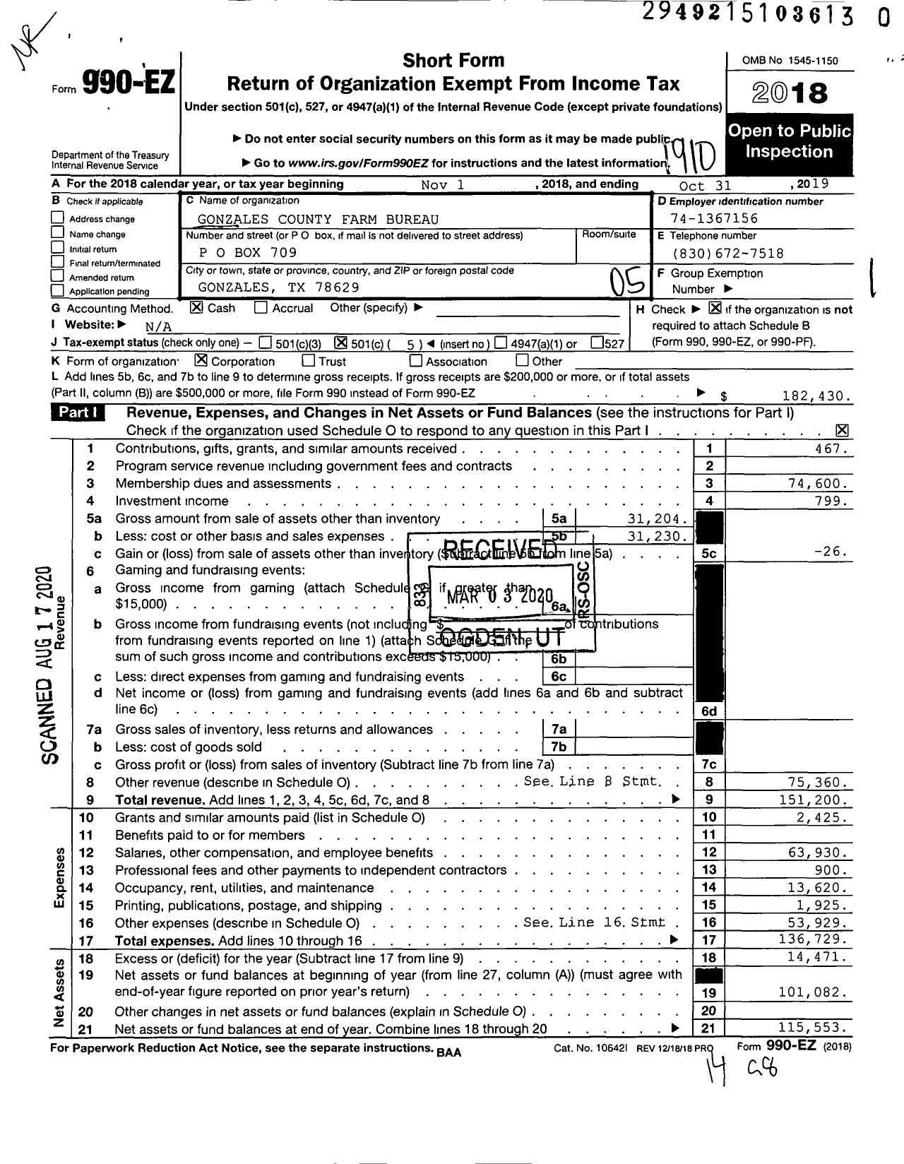 Image of first page of 2018 Form 990EO for Gonzales County Farm Bureau