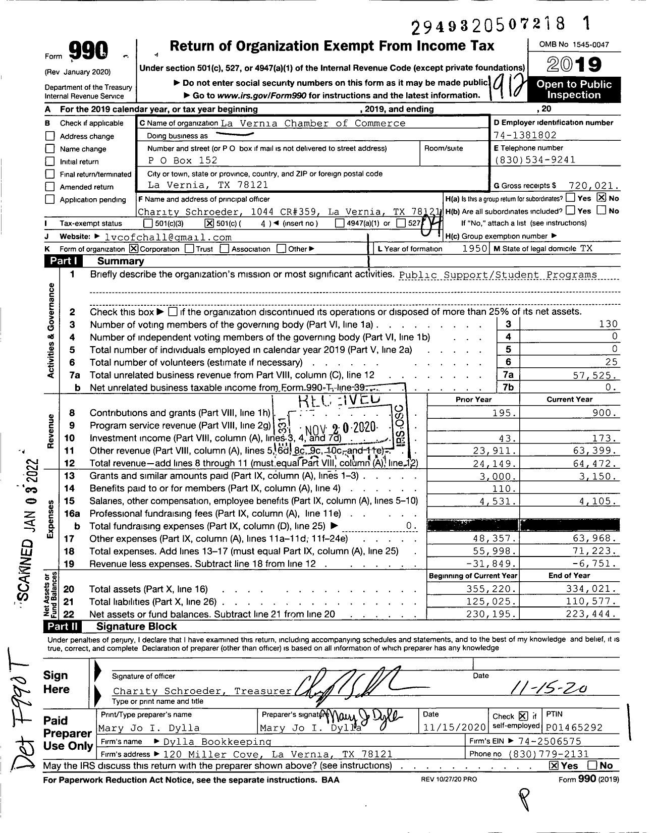 Image of first page of 2019 Form 990O for La Vernia Chamber of Commerce