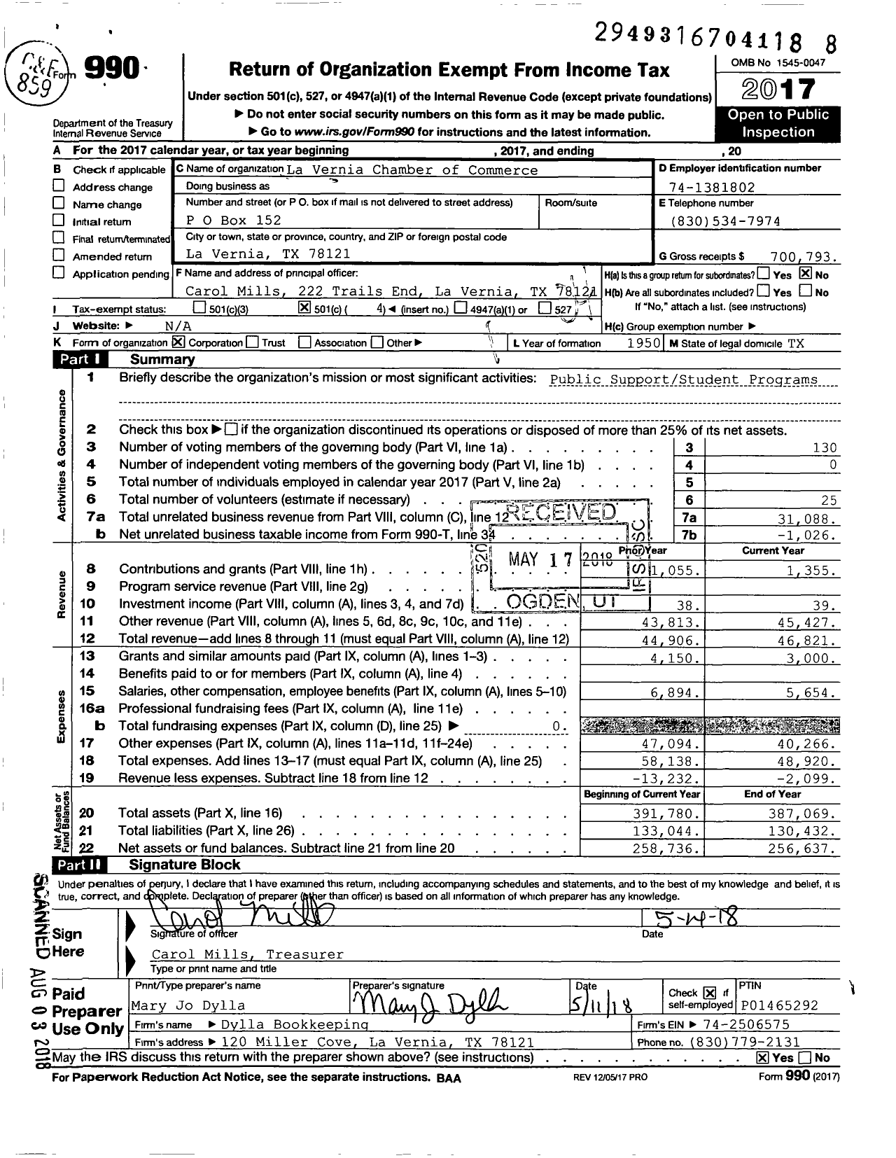 Image of first page of 2017 Form 990O for La Vernia Chamber of Commerce