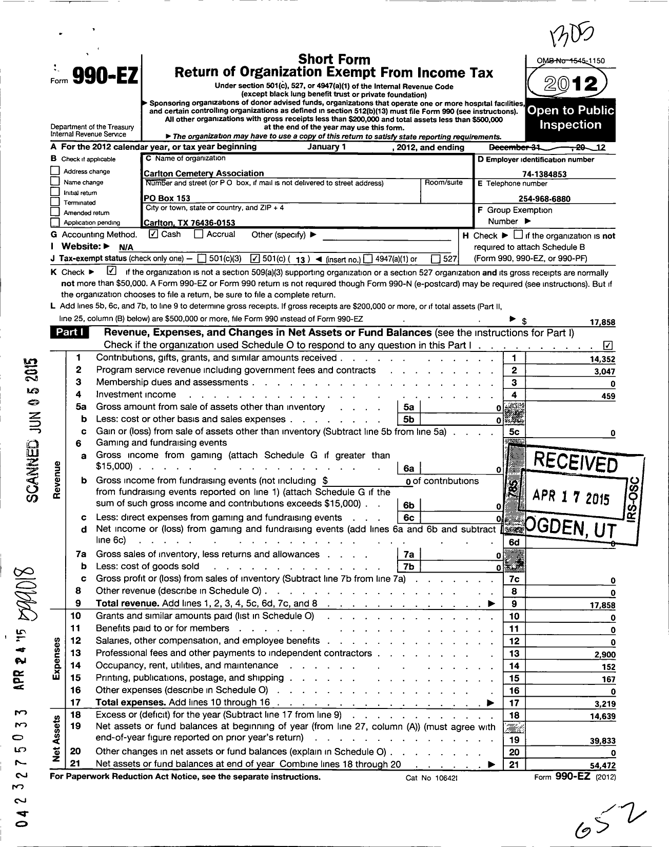 Image of first page of 2012 Form 990EO for Carlton Cemetery Association