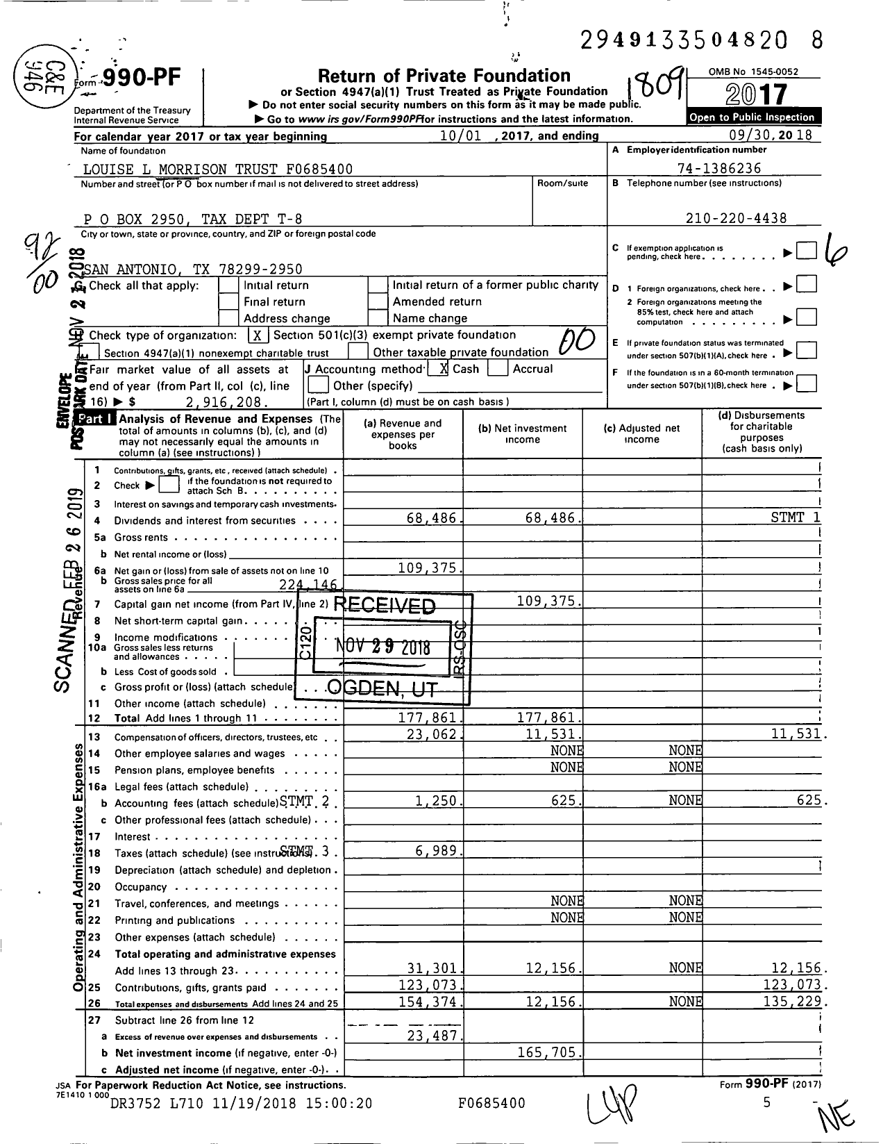 Image of first page of 2017 Form 990PF for Louise L Morrison Trust F0685400