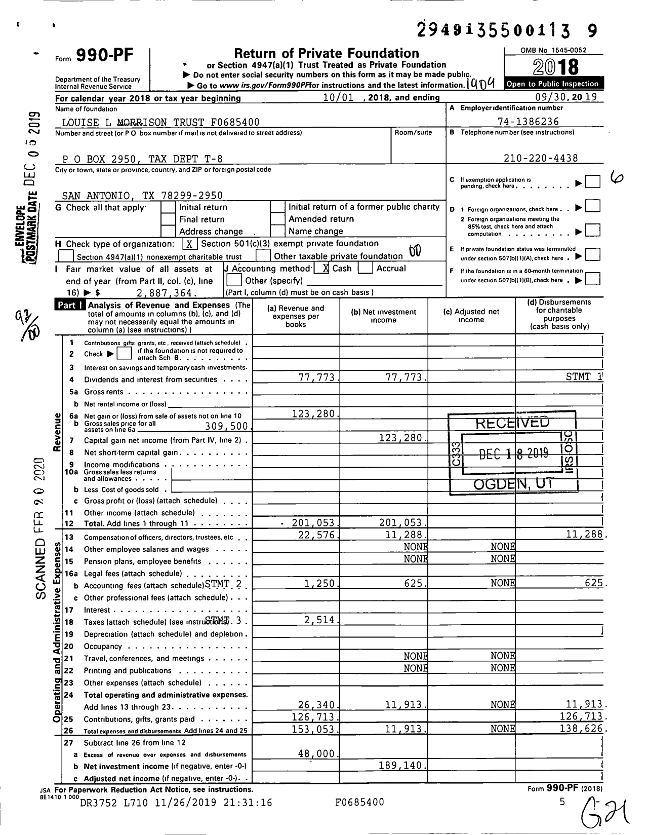 Image of first page of 2018 Form 990PF for Louise L Morrison Trust F0685400