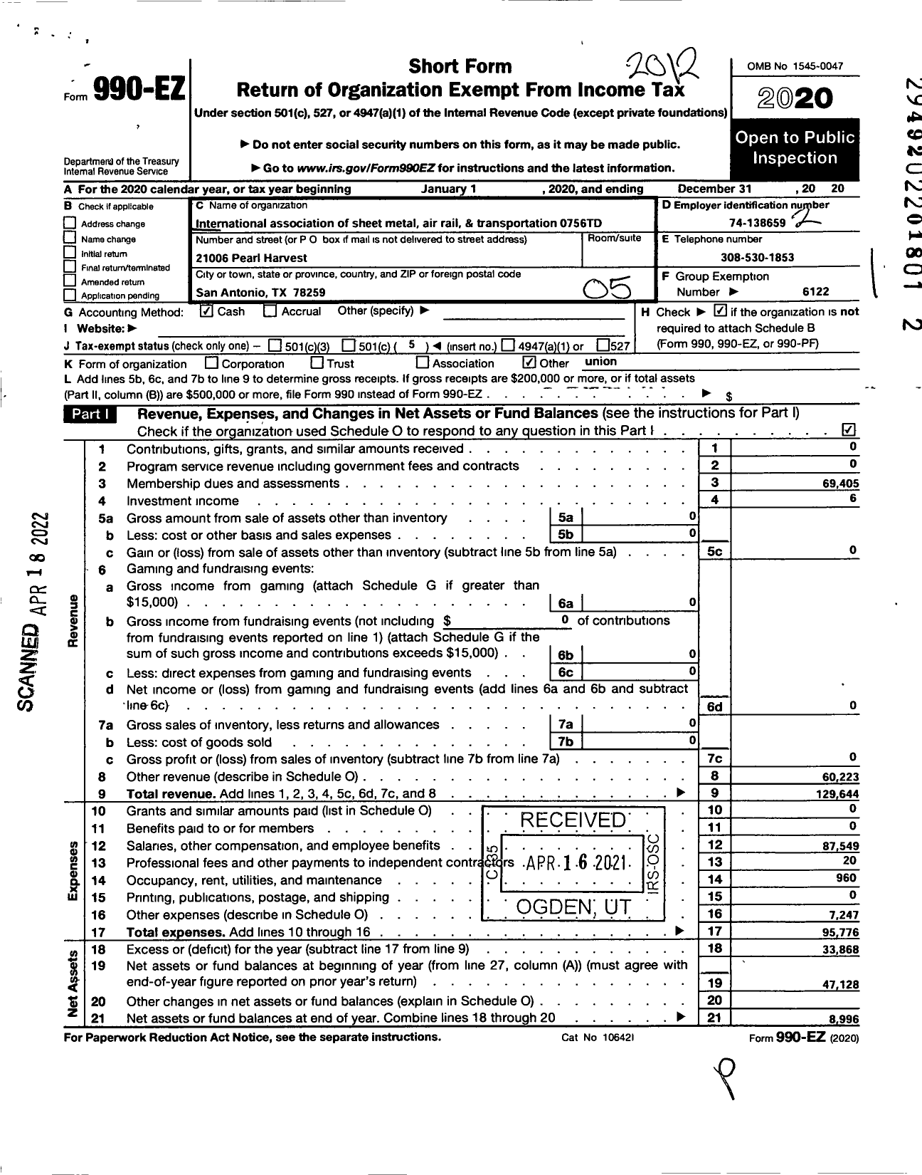 Image of first page of 2020 Form 990EO for Smart Union - 0756 TD