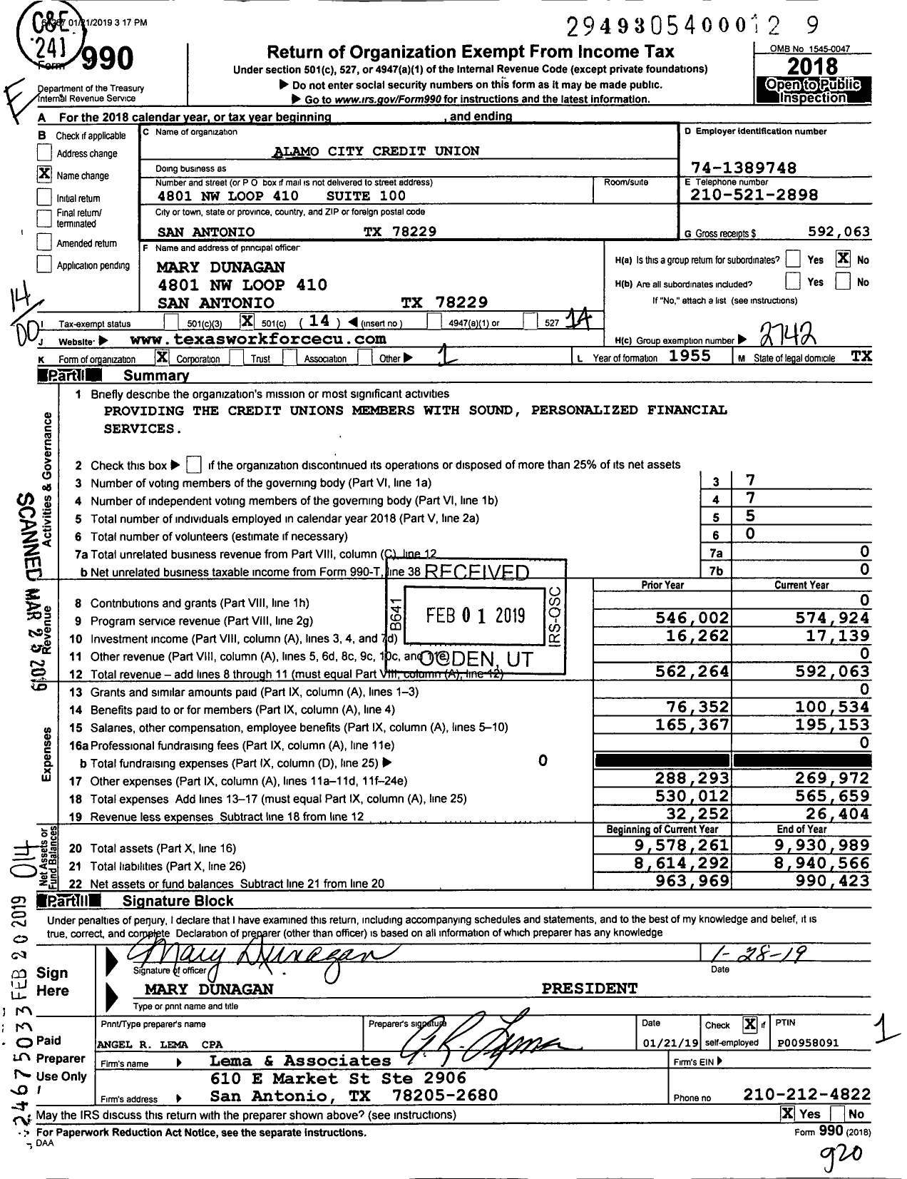 Image of first page of 2018 Form 990O for Alamo City Credit Union