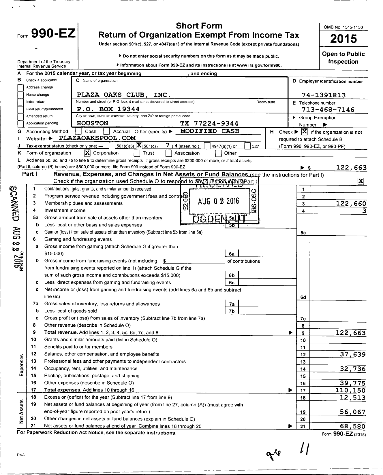 Image of first page of 2015 Form 990EO for Plaza Oaks Club