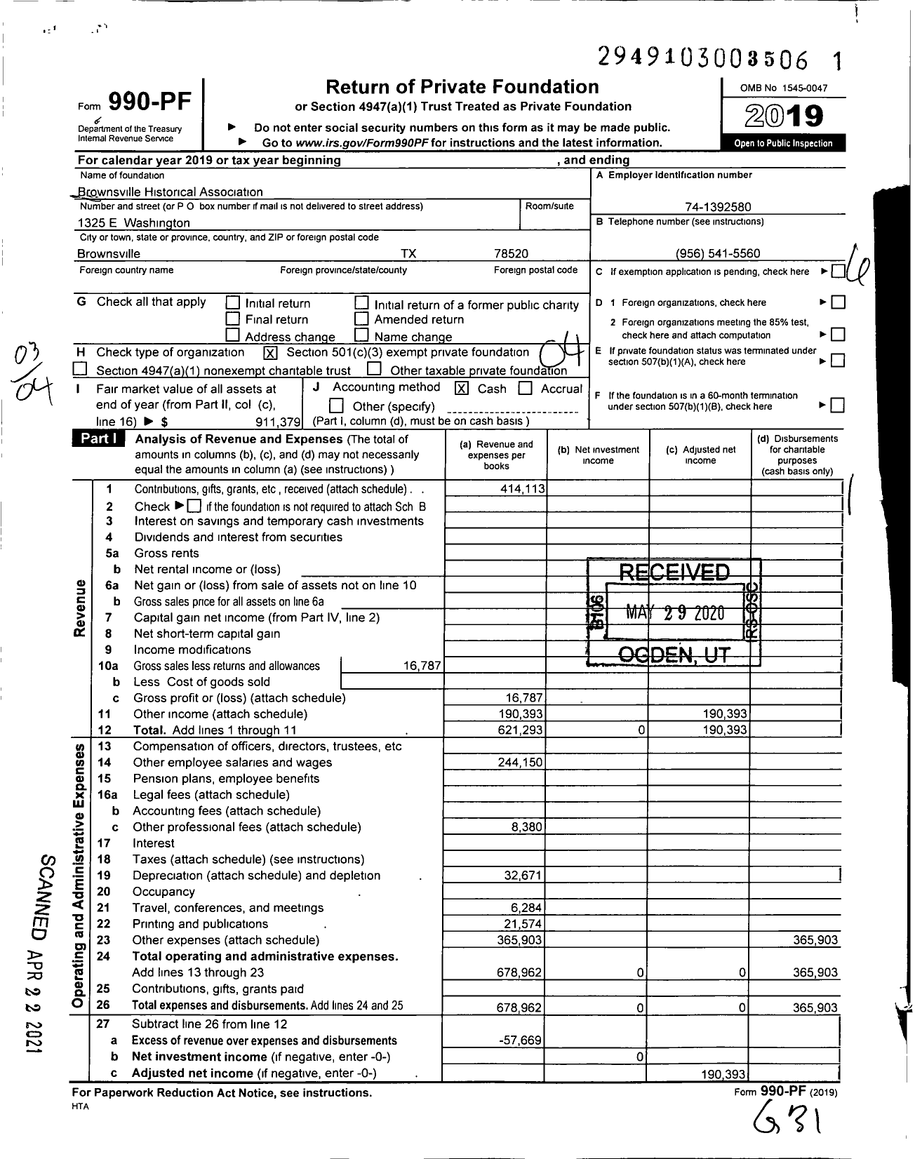 Image of first page of 2019 Form 990PF for Brownsville Historical Association