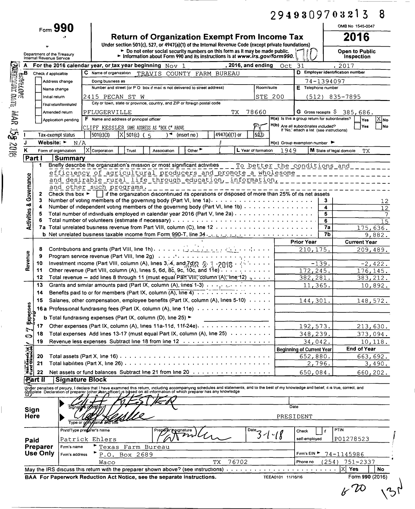 Image of first page of 2016 Form 990O for Travis County Farm Bureau