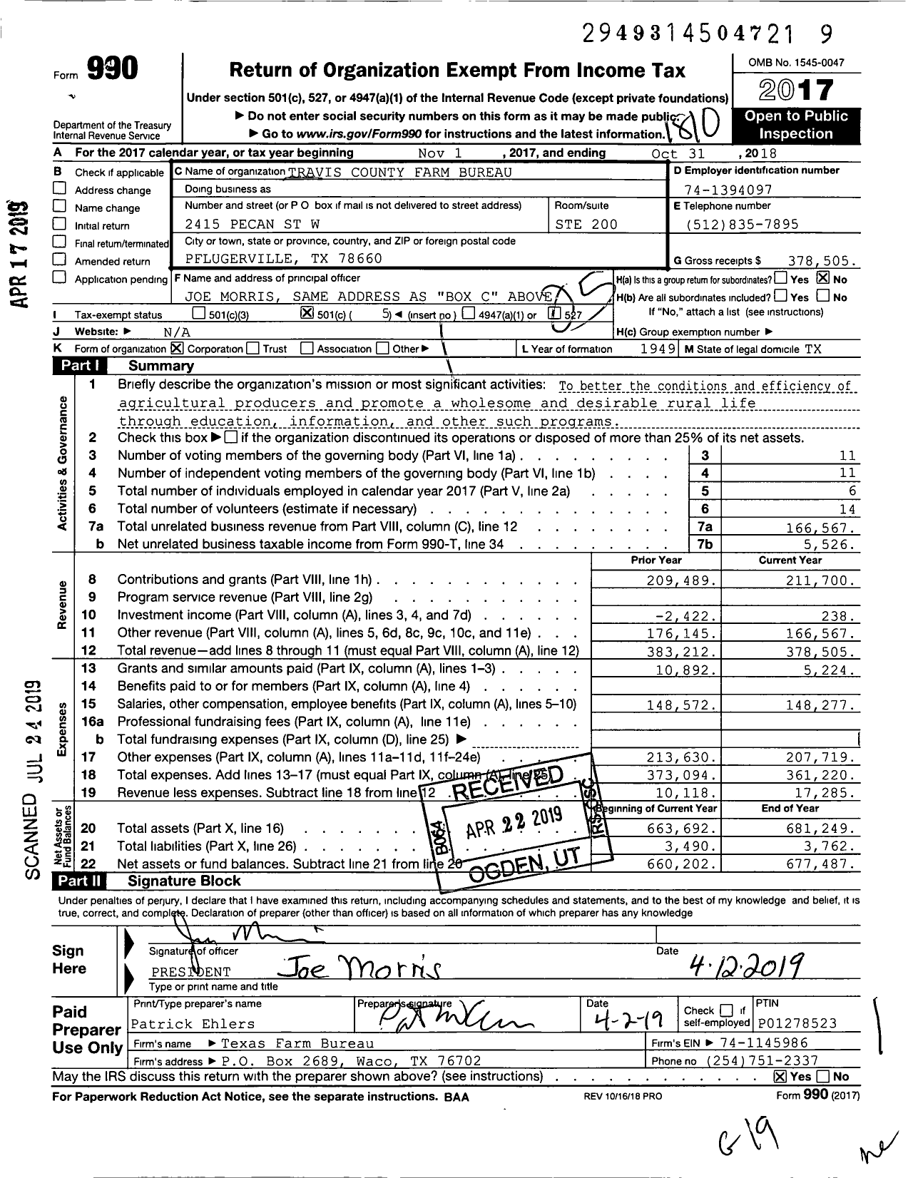 Image of first page of 2017 Form 990O for Travis County Farm Bureau