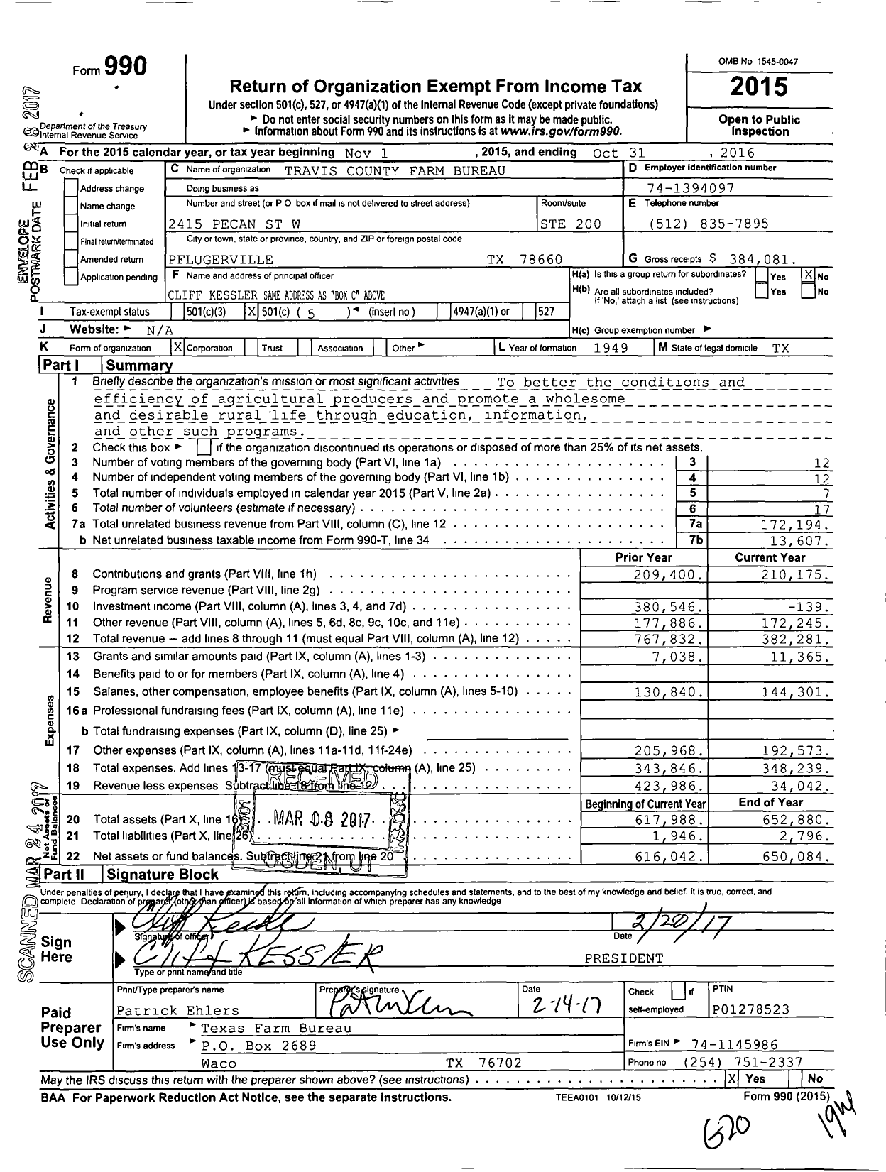Image of first page of 2015 Form 990O for Travis County Farm Bureau