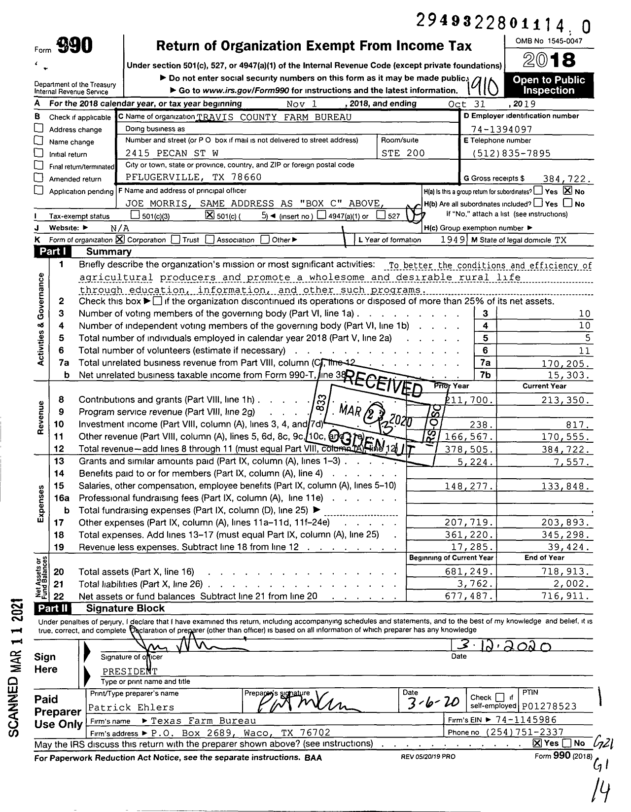 Image of first page of 2018 Form 990O for Travis County Farm Bureau