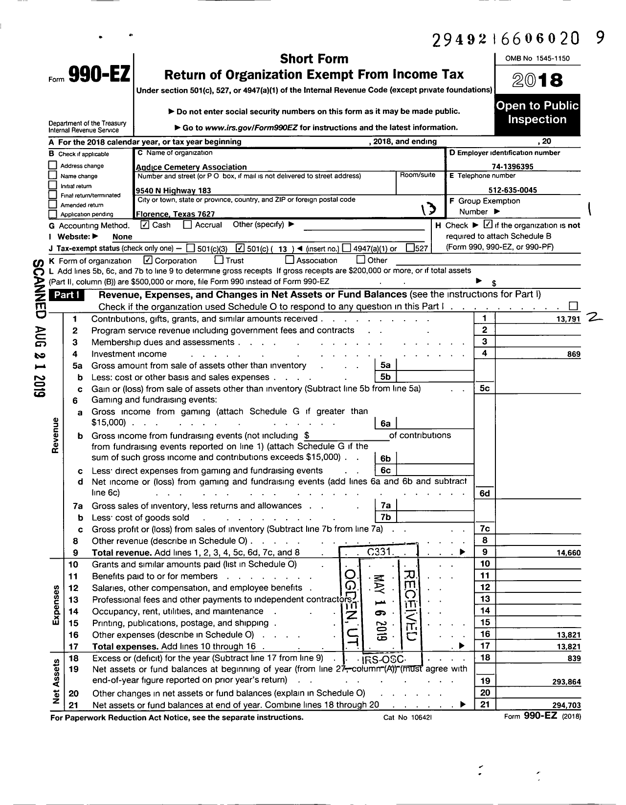 Image of first page of 2018 Form 990EO for Andice Cemetery Association