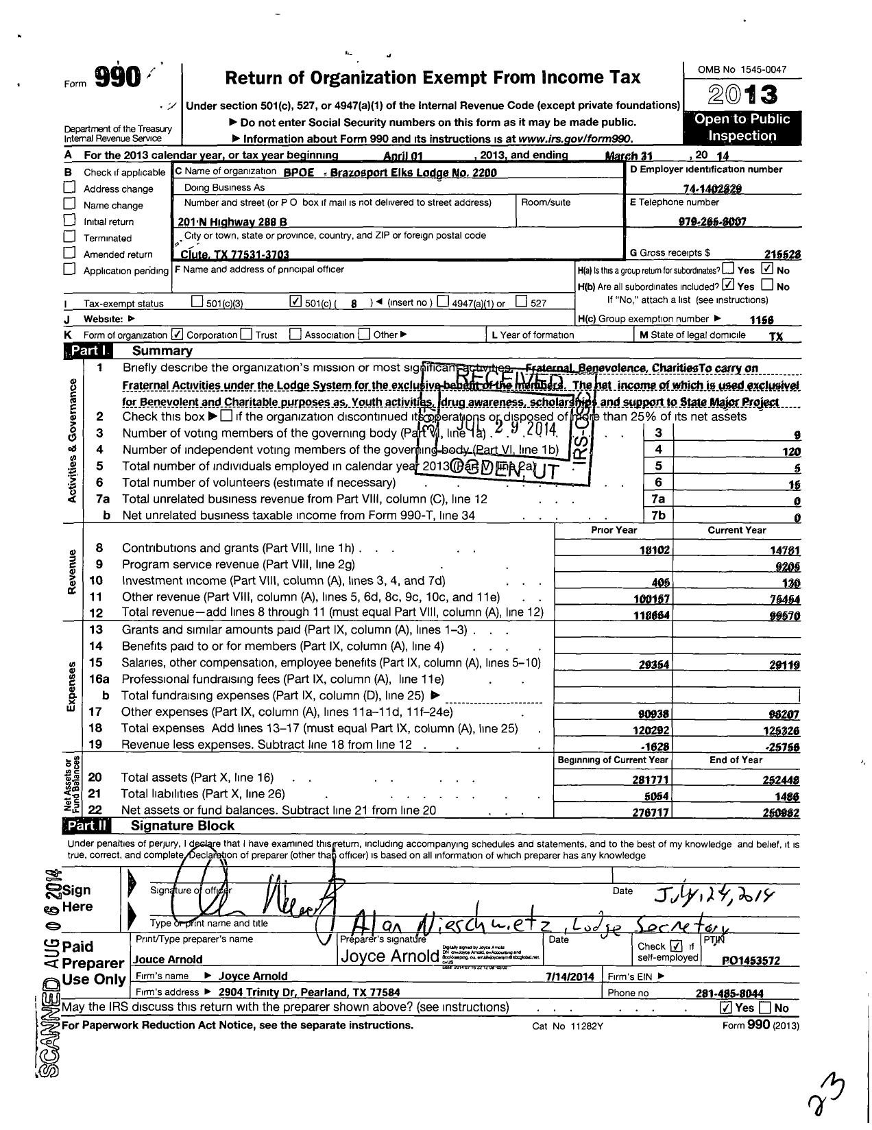 Image of first page of 2013 Form 990O for Benevolent and Protective Order of Elks - 2200 Brazosport