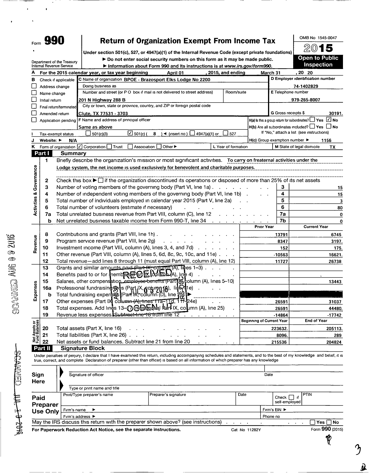 Image of first page of 2015 Form 990O for Benevolent and Protective Order of Elks - 2200 Brazosport