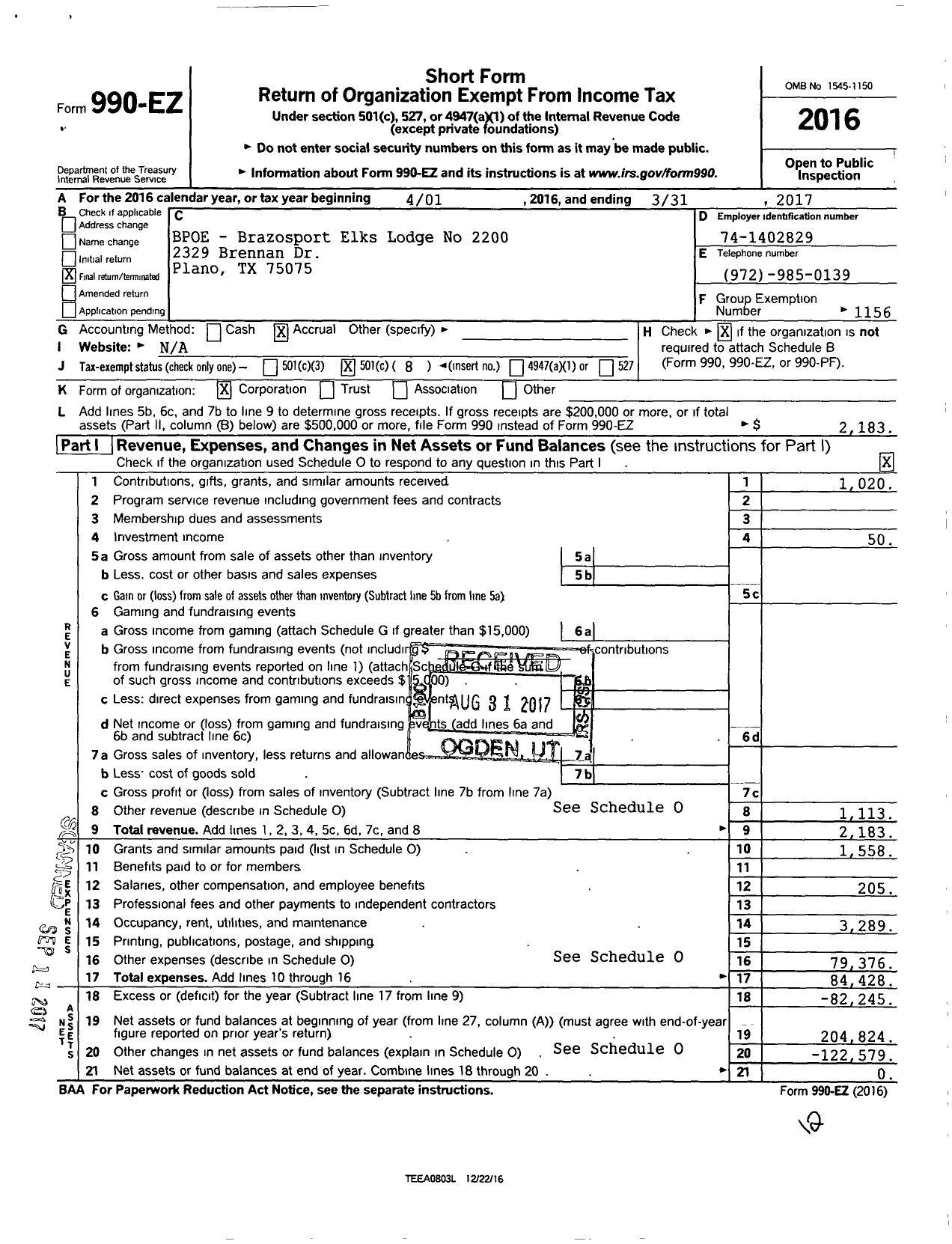 Image of first page of 2016 Form 990EO for Benevolent and Protective Order of Elks - 2200 Brazosport