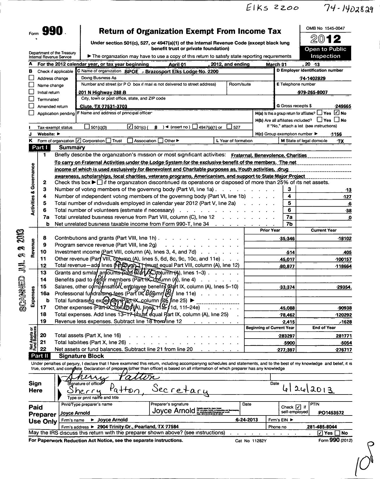 Image of first page of 2012 Form 990O for Benevolent and Protective Order of Elks - 2200 Brazosport