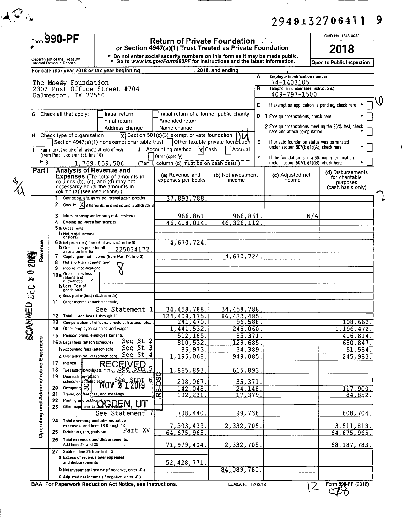 Image of first page of 2018 Form 990PF for Moody Foundation