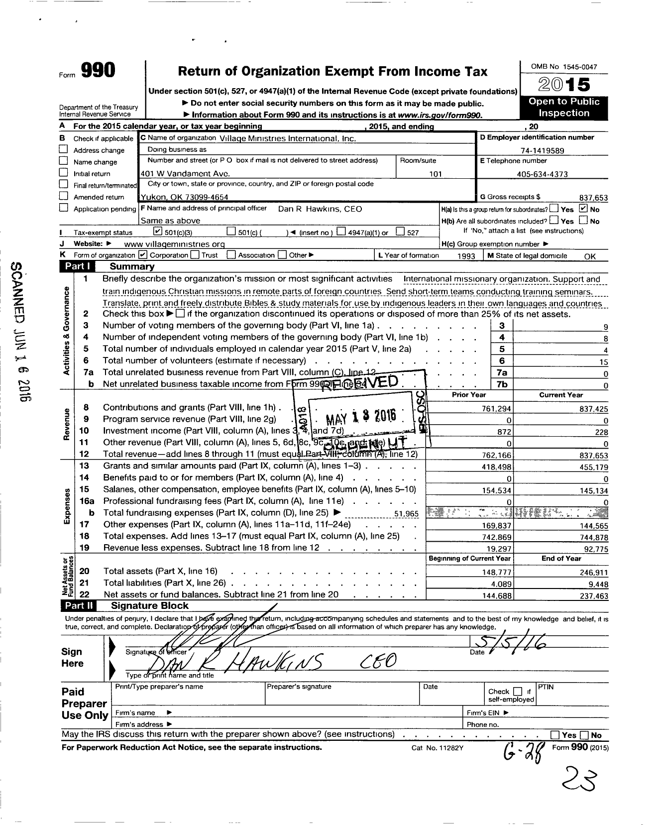 Image of first page of 2015 Form 990 for Village Ministries International