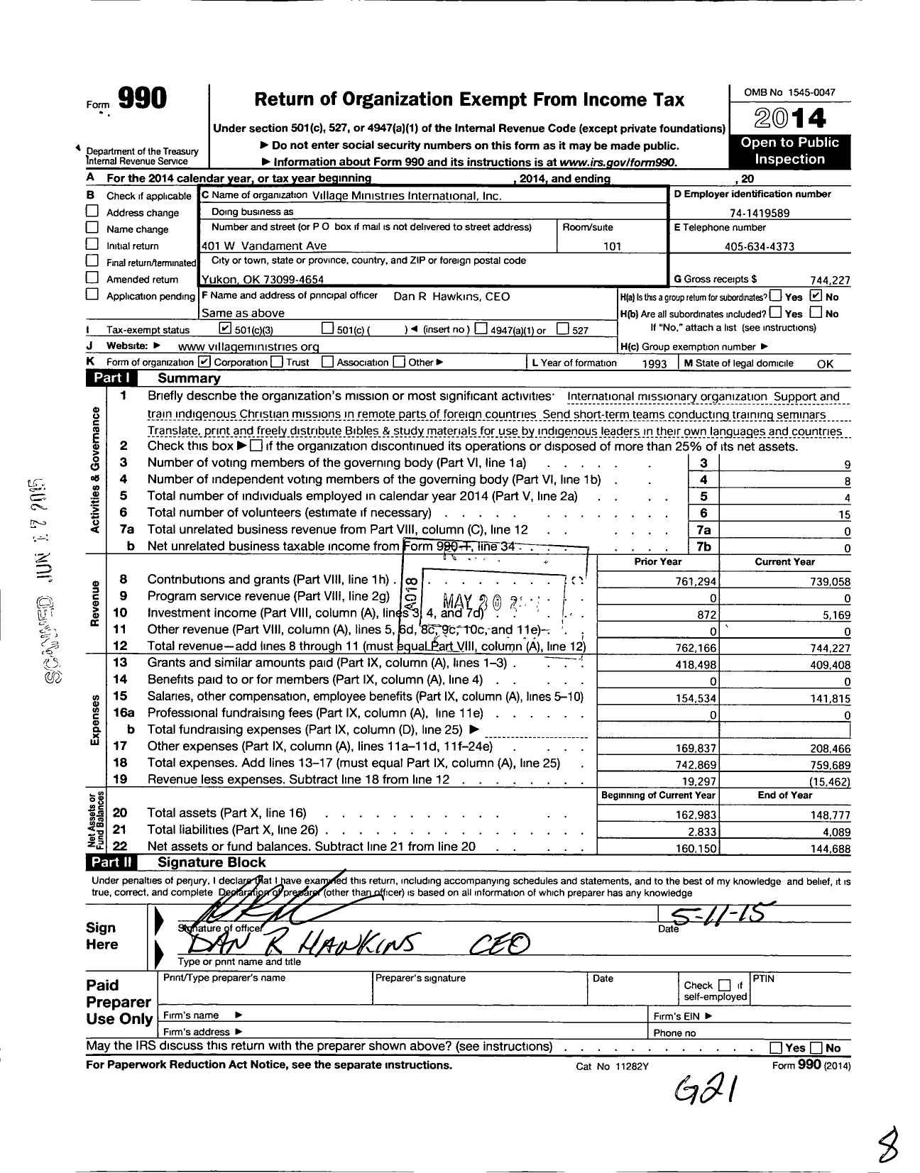 Image of first page of 2014 Form 990 for Village Ministries International