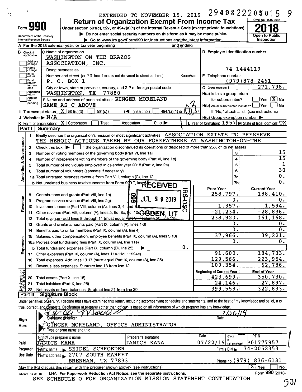 Image of first page of 2018 Form 990 for Washington on the Brazos Historical Foundation