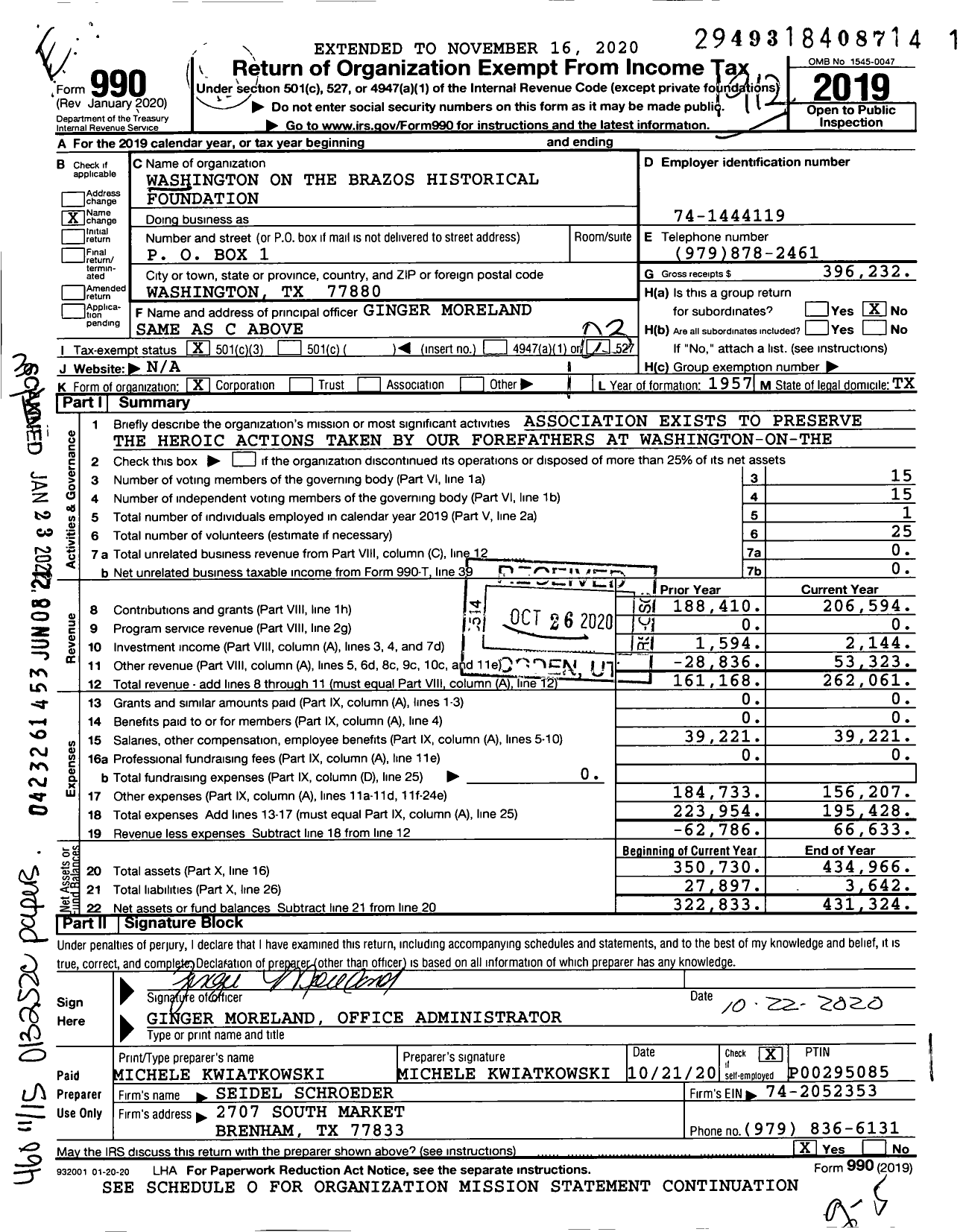 Image of first page of 2019 Form 990 for Washington on the Brazos Historical Foundation