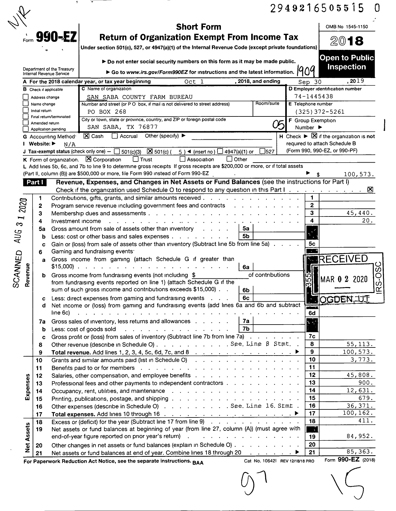 Image of first page of 2018 Form 990EO for San Saba County Farm Bureau