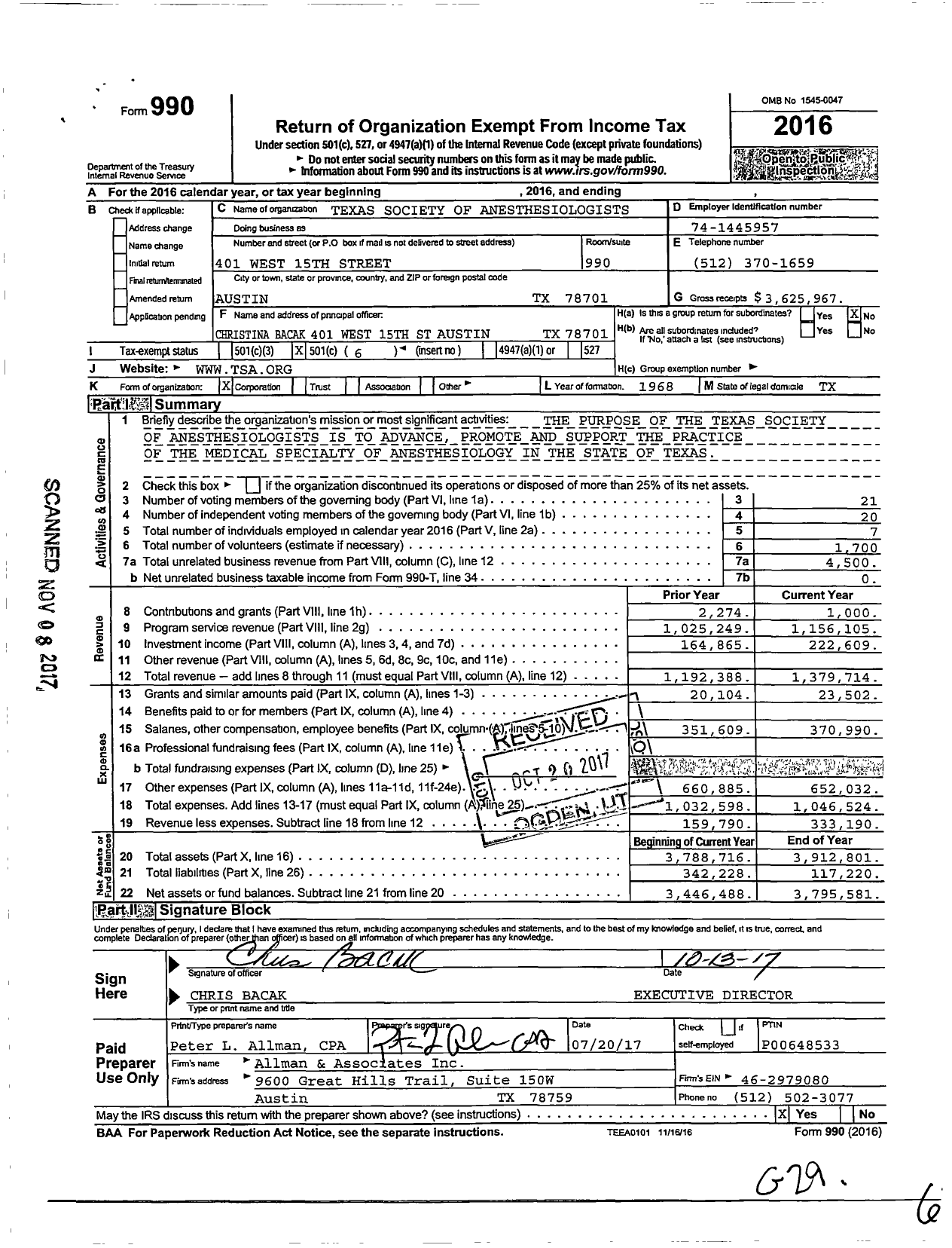 Image of first page of 2016 Form 990O for Texas Society of Anesthesiologists (TSA)