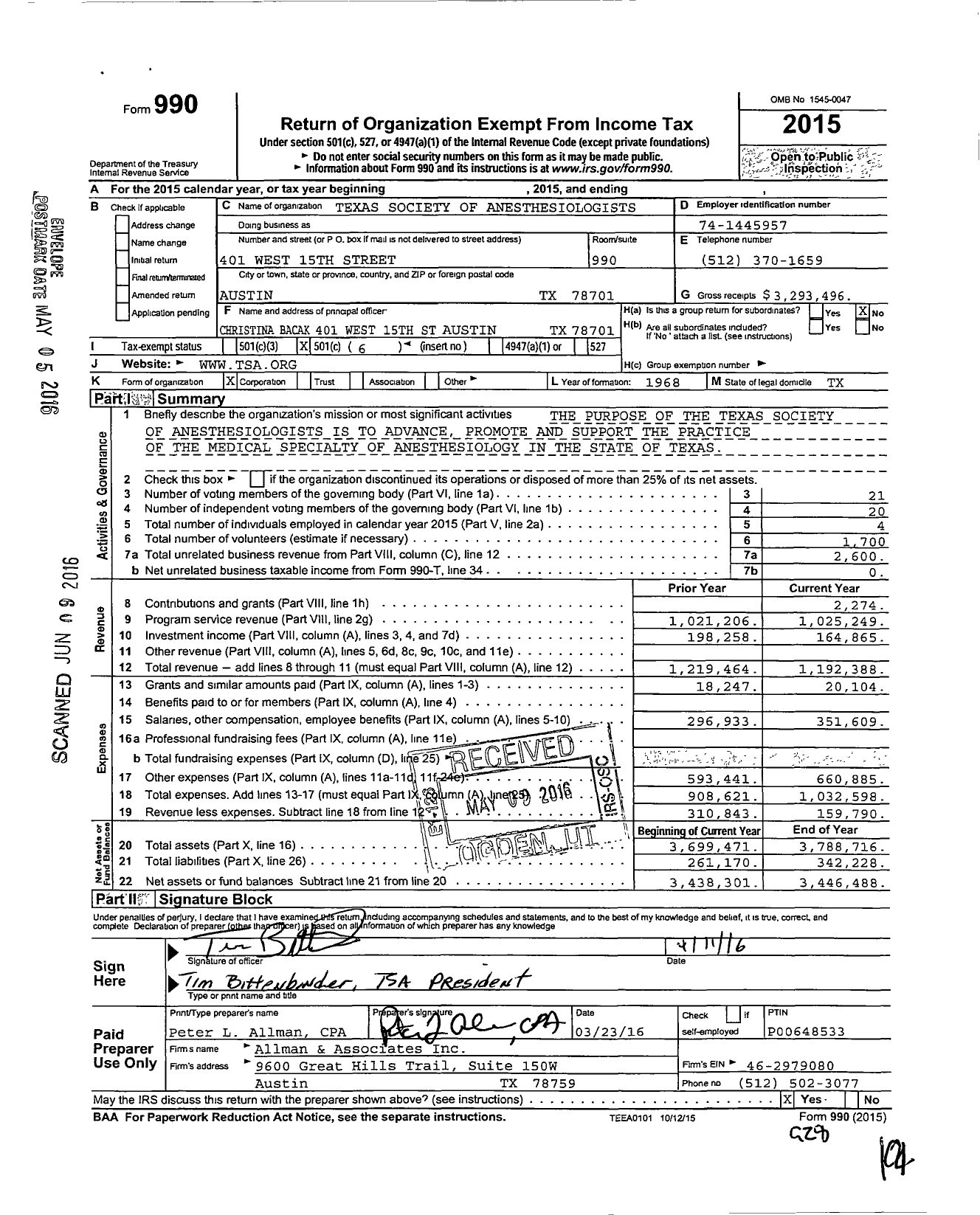 Image of first page of 2015 Form 990O for Texas Society of Anesthesiologists (TSA)