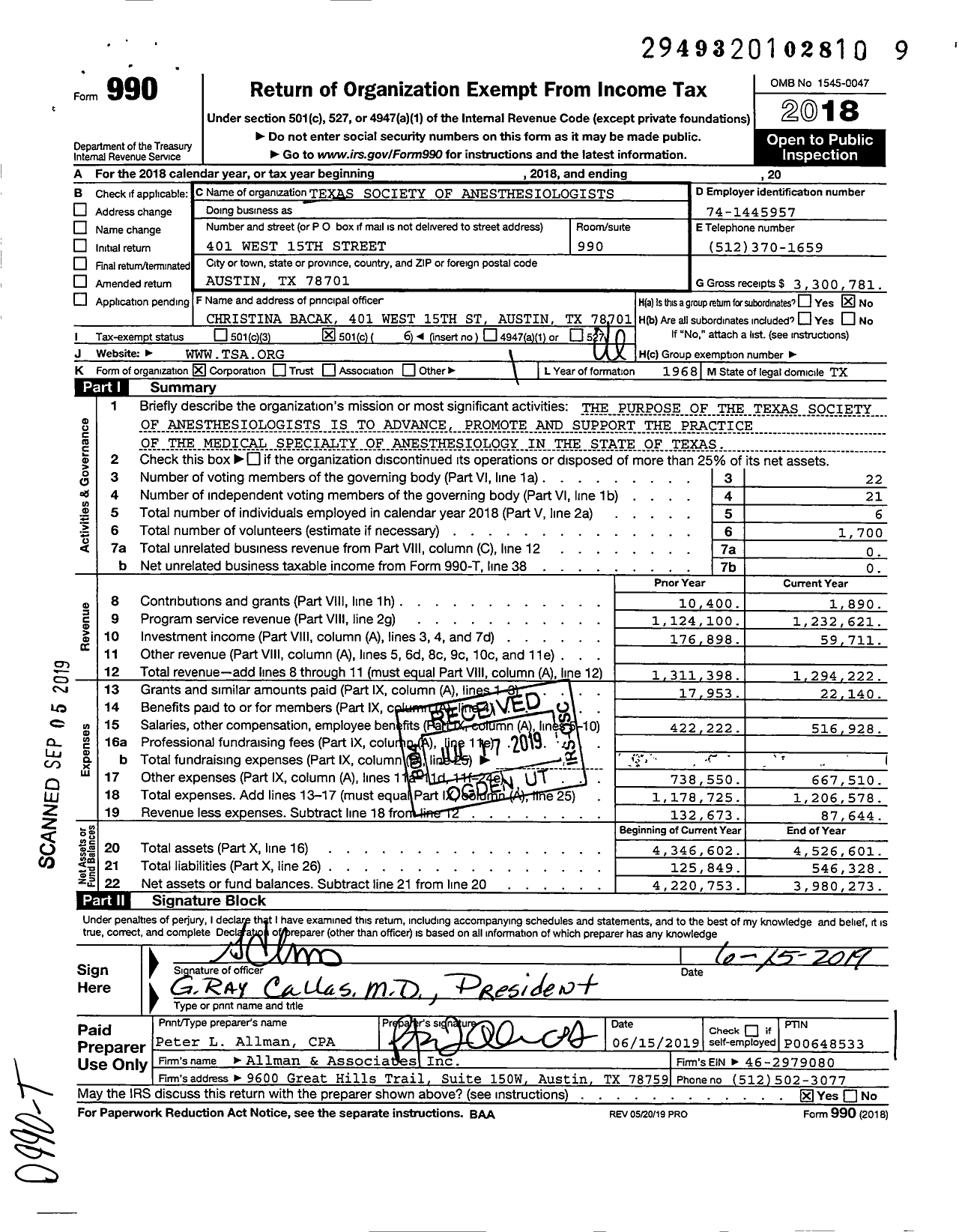 Image of first page of 2018 Form 990O for Texas Society of Anesthesiologists (TSA)