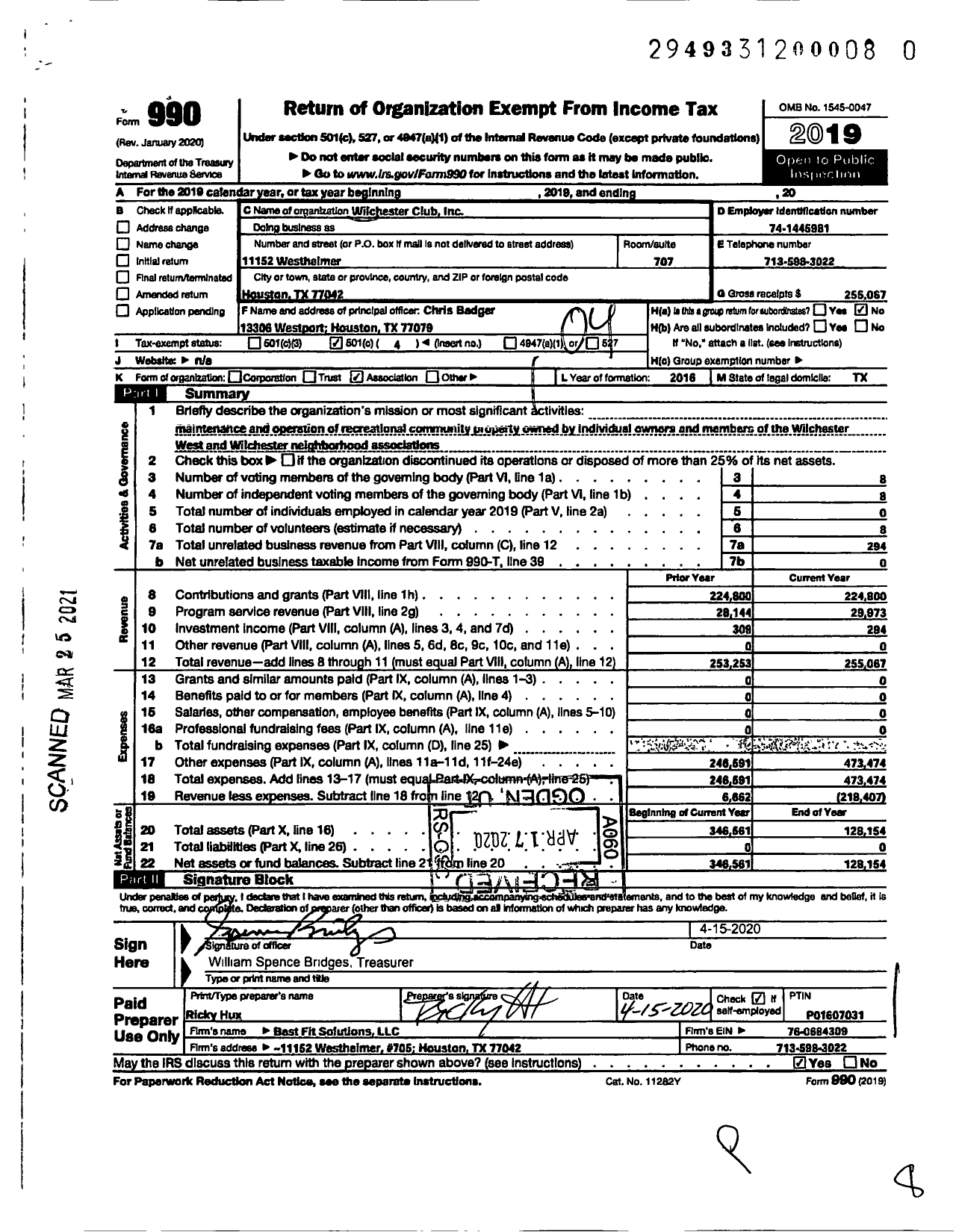 Image of first page of 2019 Form 990O for Wilchester Club