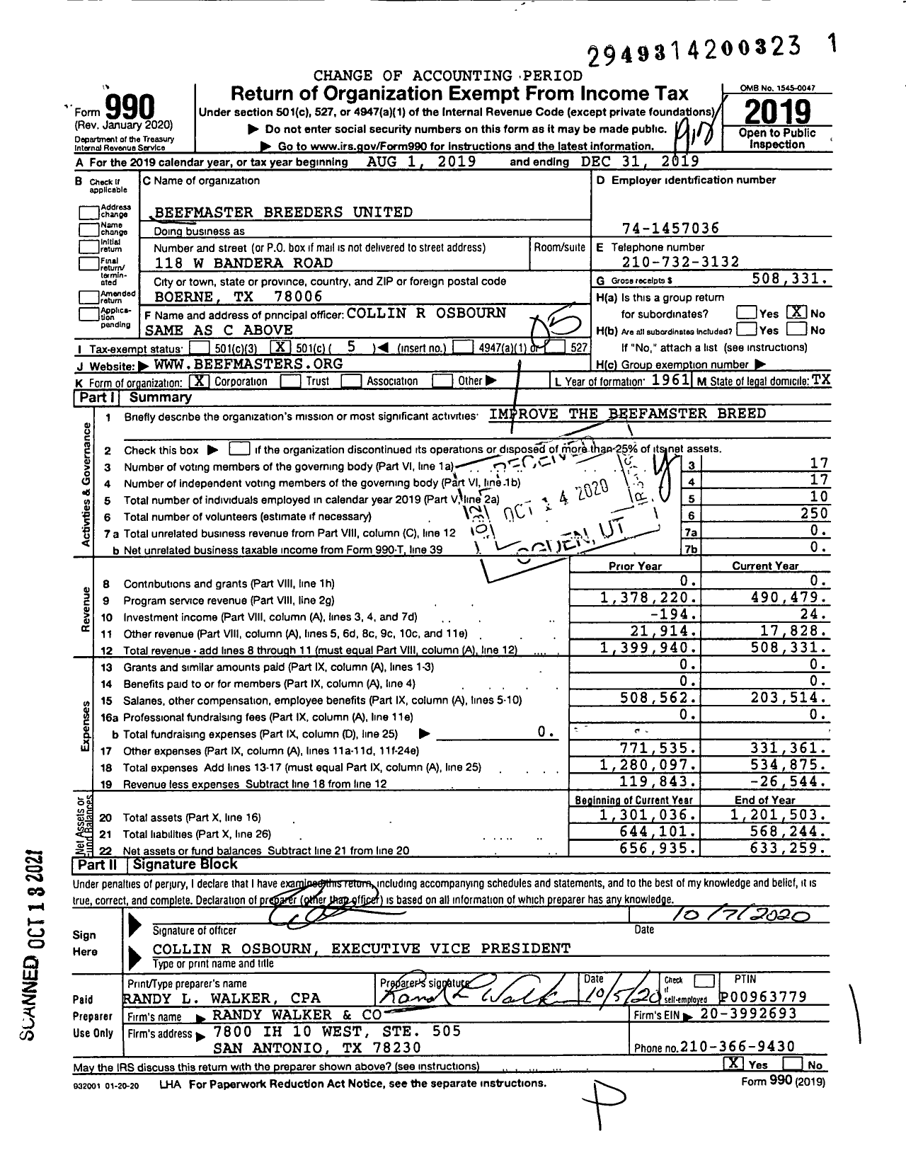 Image of first page of 2019 Form 990O for Beefmaster Breeders United