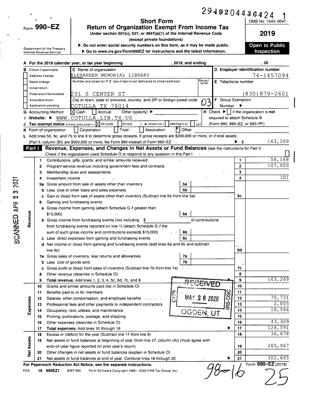 Image of first page of 2019 Form 990EZ for Alexander Memorial Library