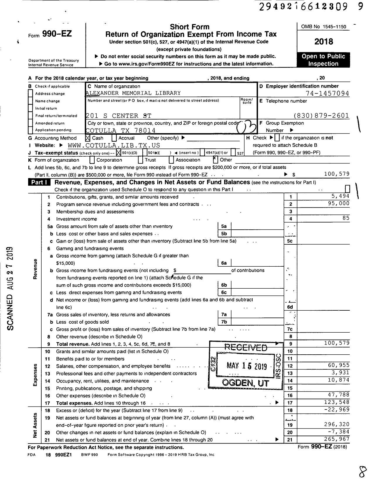 Image of first page of 2018 Form 990EZ for Alexander Memorial Library