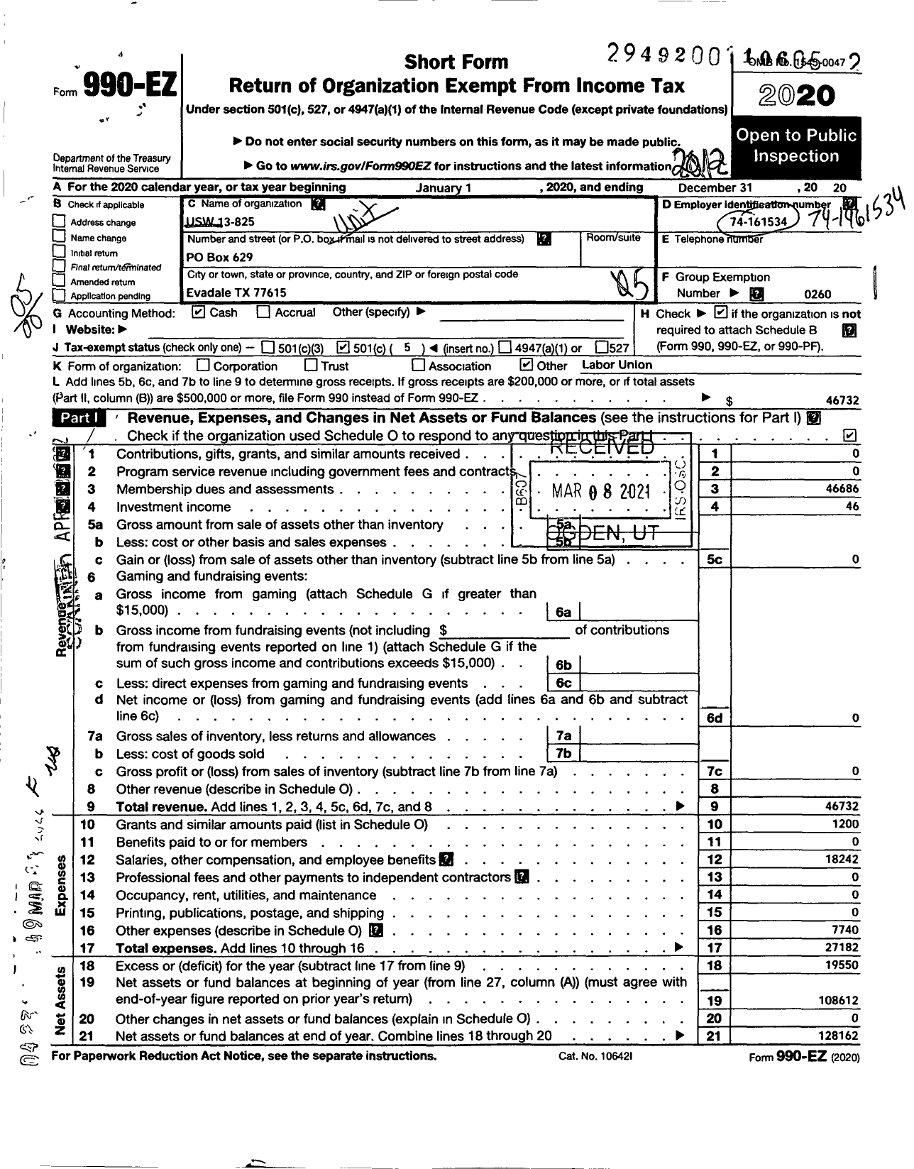 Image of first page of 2020 Form 990EO for United Steelworkers - 00825 Local