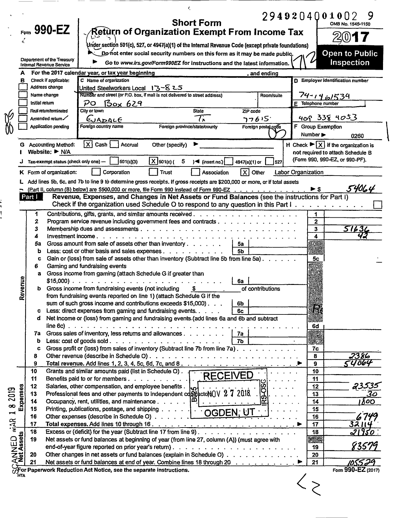 Image of first page of 2017 Form 990EO for United Steelworkers - 00825 Local