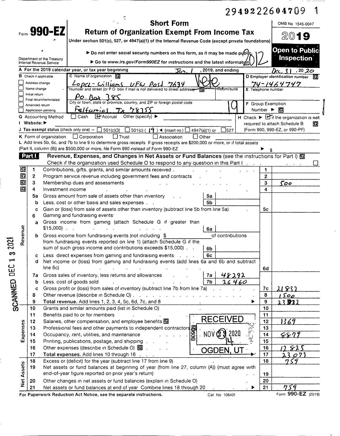 Image of first page of 2020 Form 990EO for Texas VFW - 7634 Lopez and Williams