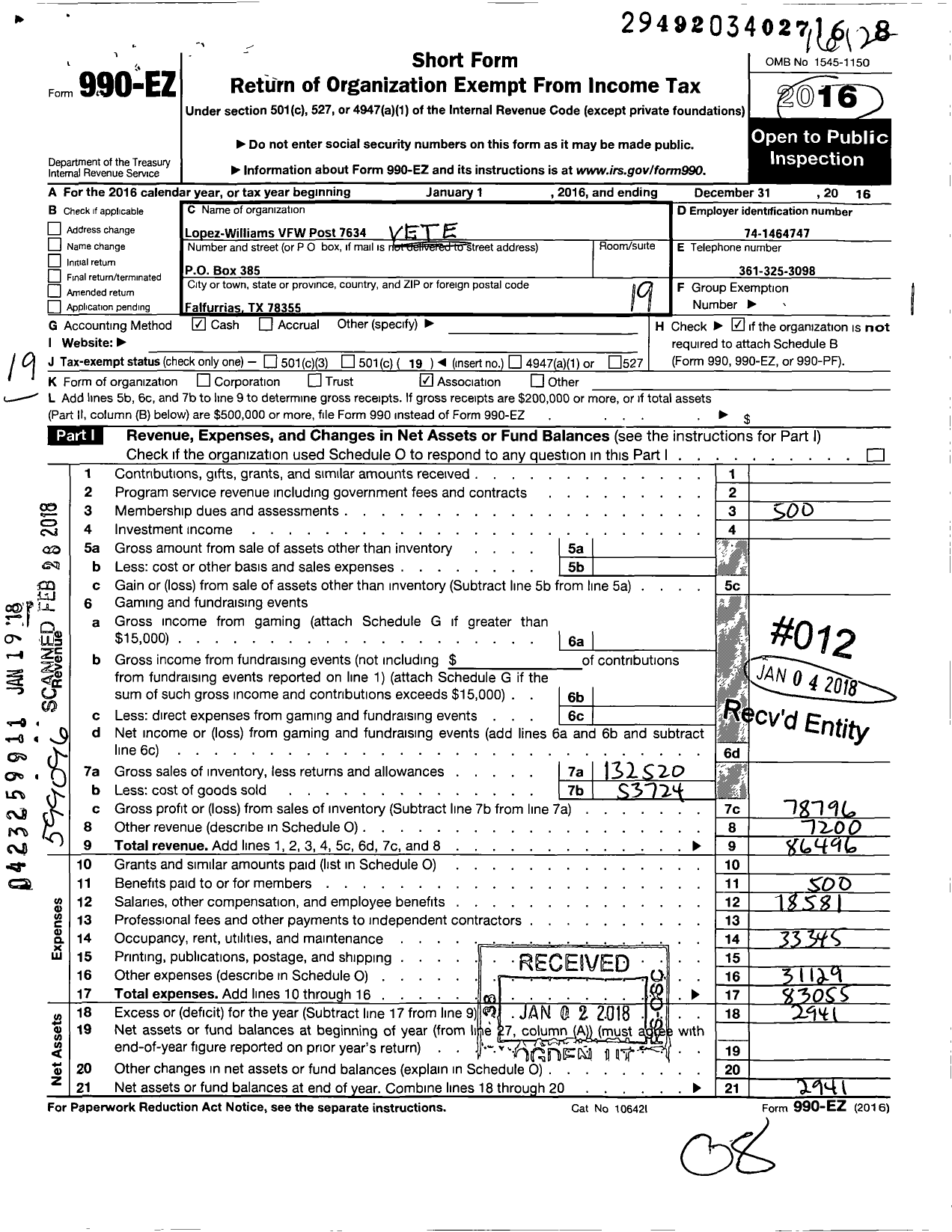 Image of first page of 2016 Form 990EO for Texas VFW - 7634 Lopez and Williams