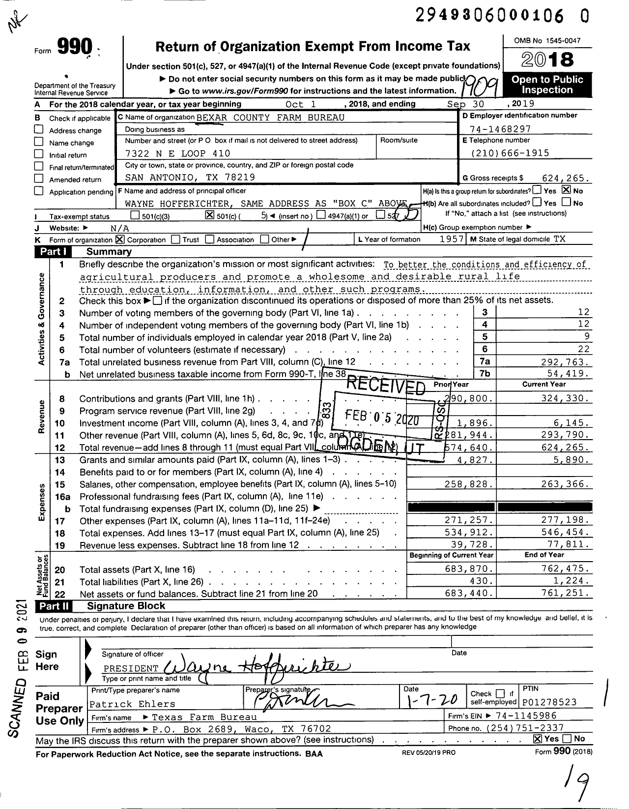 Image of first page of 2018 Form 990O for Bexar County Farm Bureau