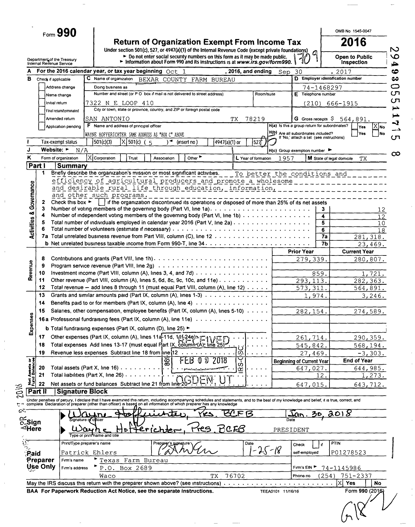 Image of first page of 2016 Form 990O for Bexar County Farm Bureau