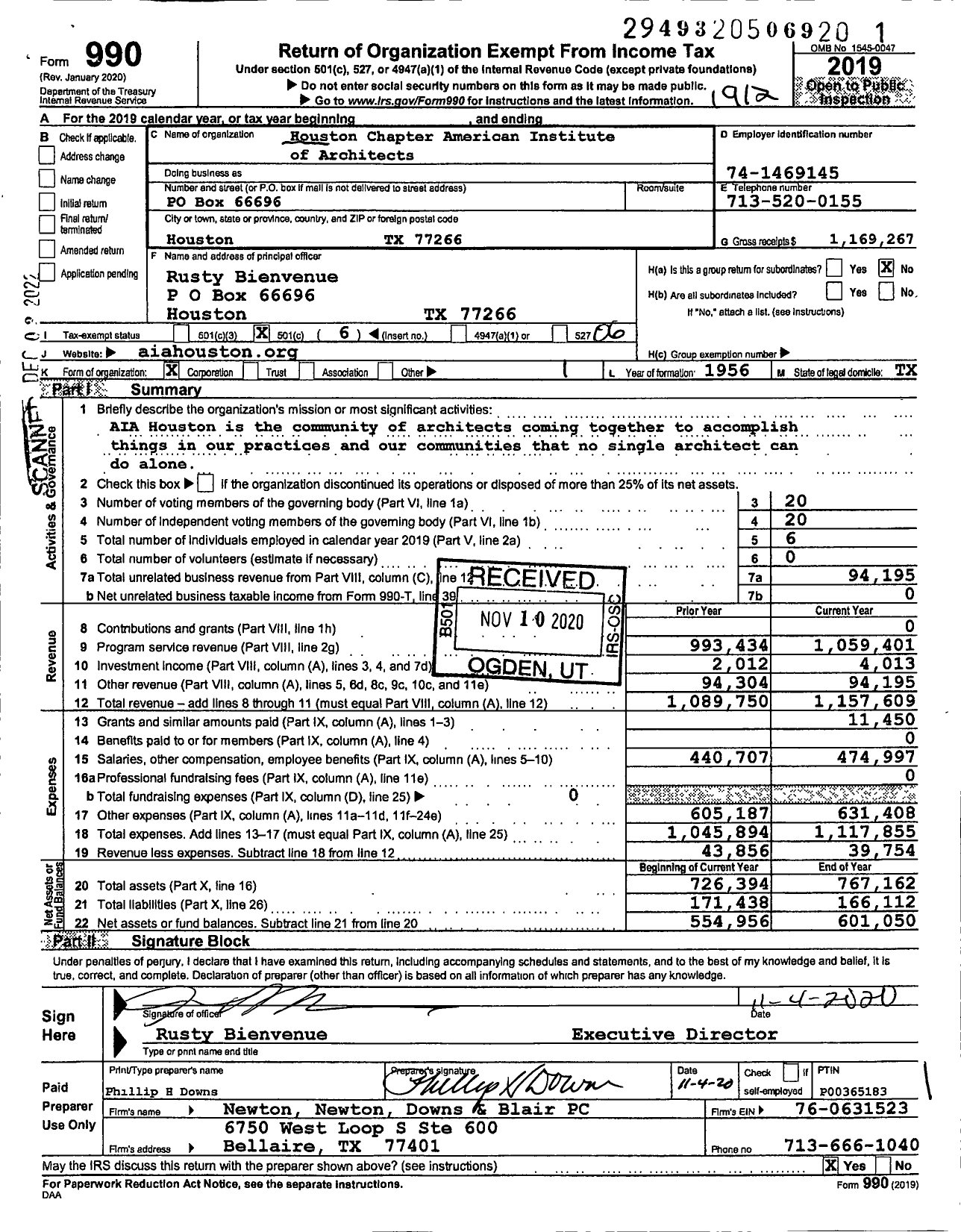 Image of first page of 2019 Form 990O for American Institute of Architects Houston