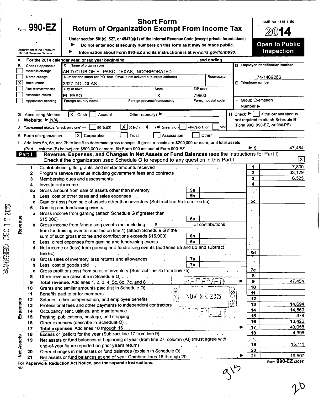 Image of first page of 2014 Form 990EO for Arid Club of El Paso Texas