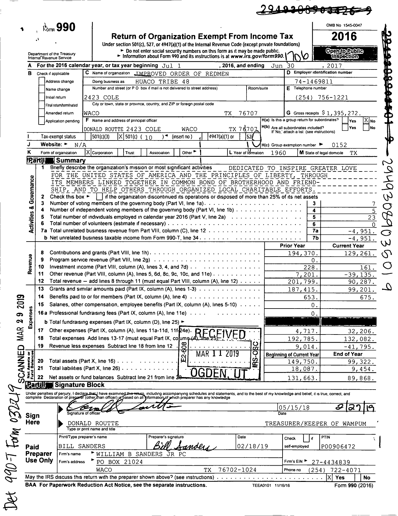 Image of first page of 2016 Form 990O for Improved Order of Red Men of Texas Great Council - 48 Huaco Tribe