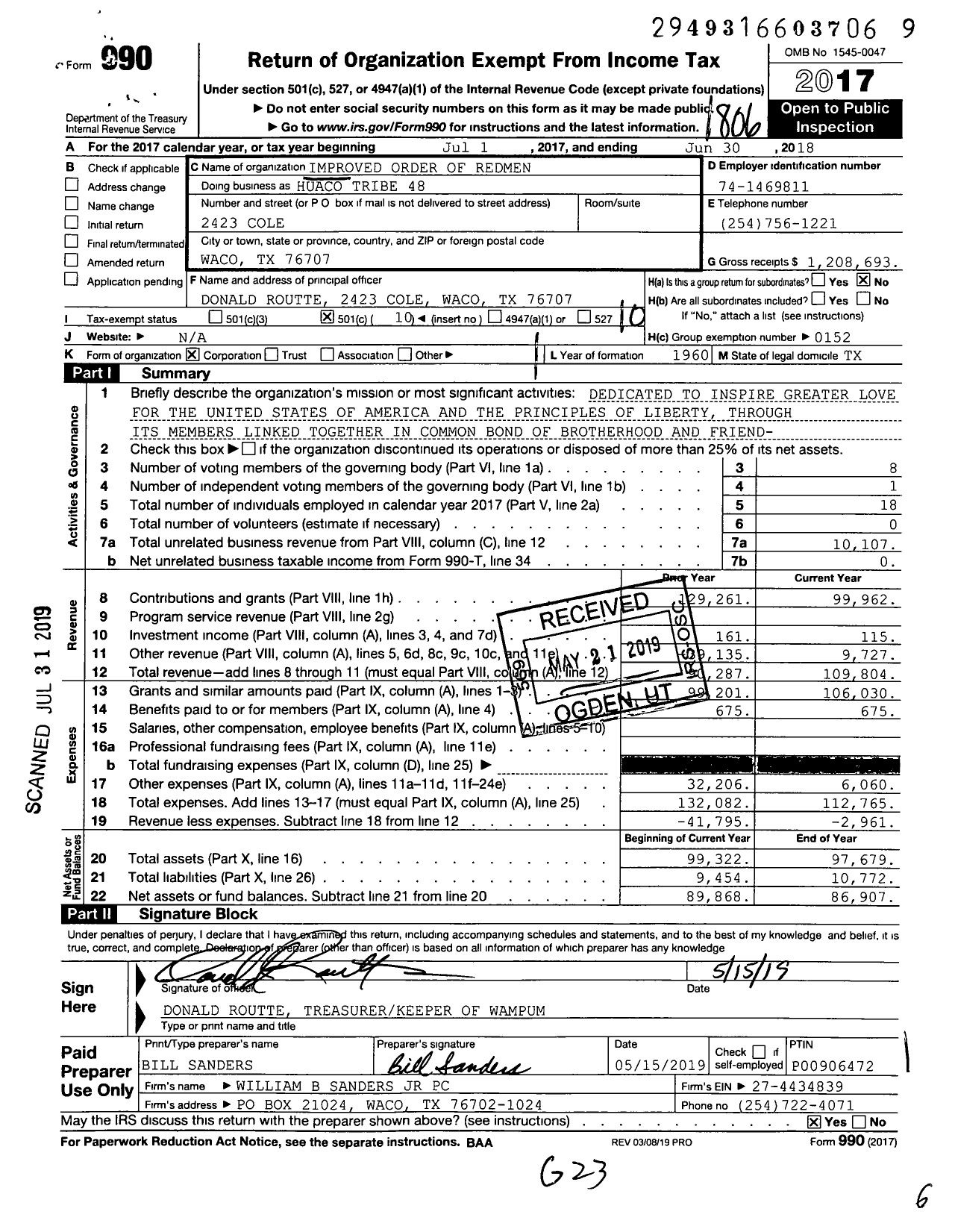 Image of first page of 2017 Form 990O for Improved Order of Red Men of Texas Great Council - 48 Huaco Tribe