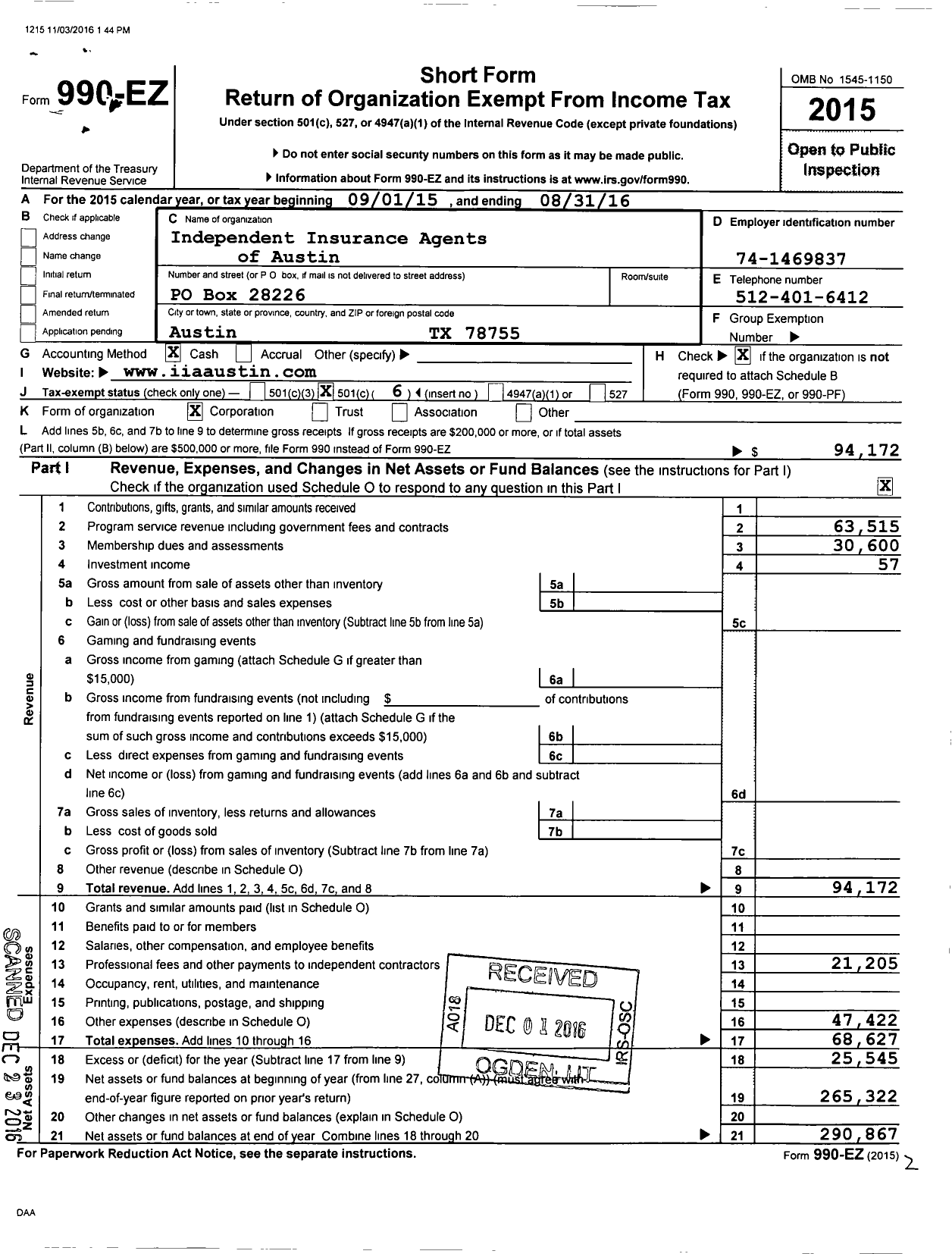 Image of first page of 2015 Form 990EO for Independent Insurance Agents of Austin