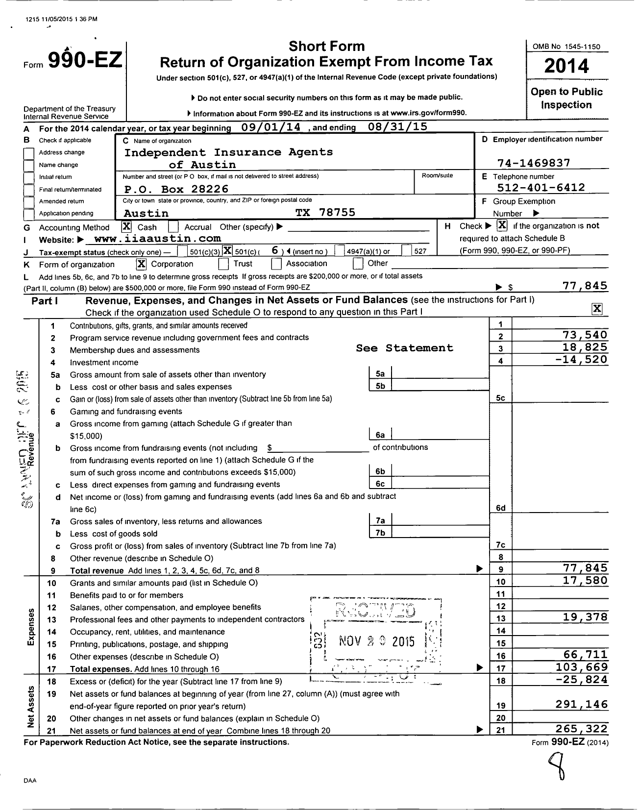 Image of first page of 2014 Form 990EO for Independent Insurance Agents of Austin