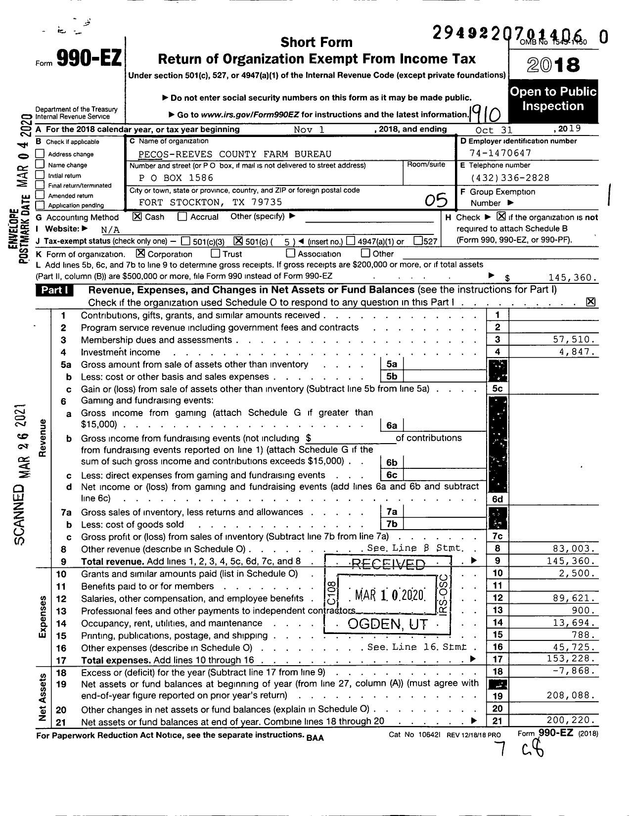 Image of first page of 2018 Form 990EO for Pecos-Reeves County Farm Bureau