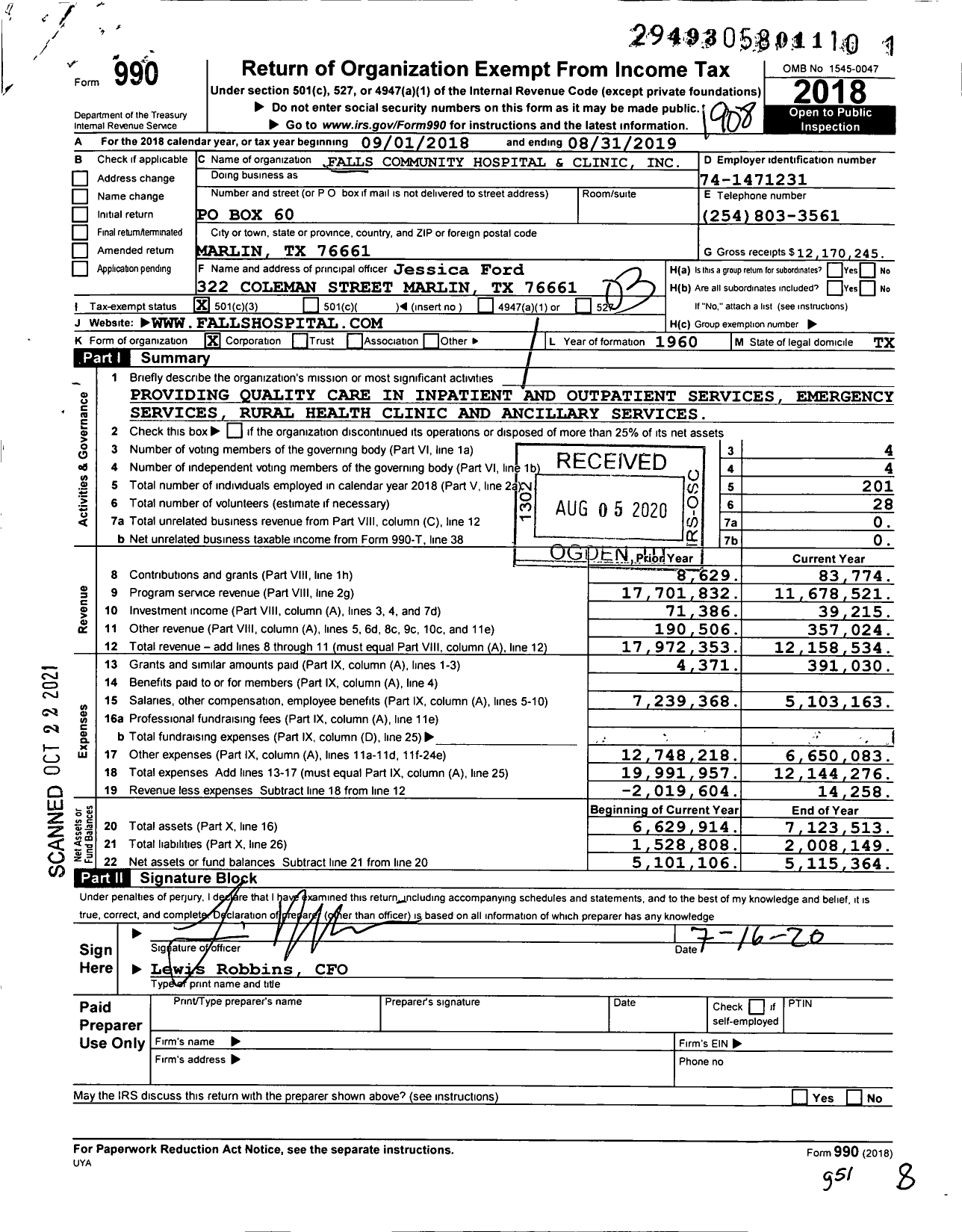 Image of first page of 2018 Form 990 for Falls Community Hospital and Clinic (FCHC)