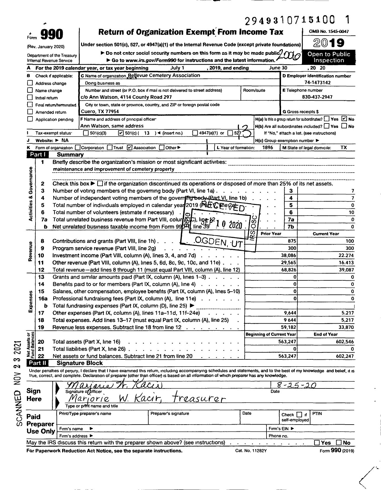 Image of first page of 2019 Form 990O for BELLEVUE CEMETeRY ASSOCIATION